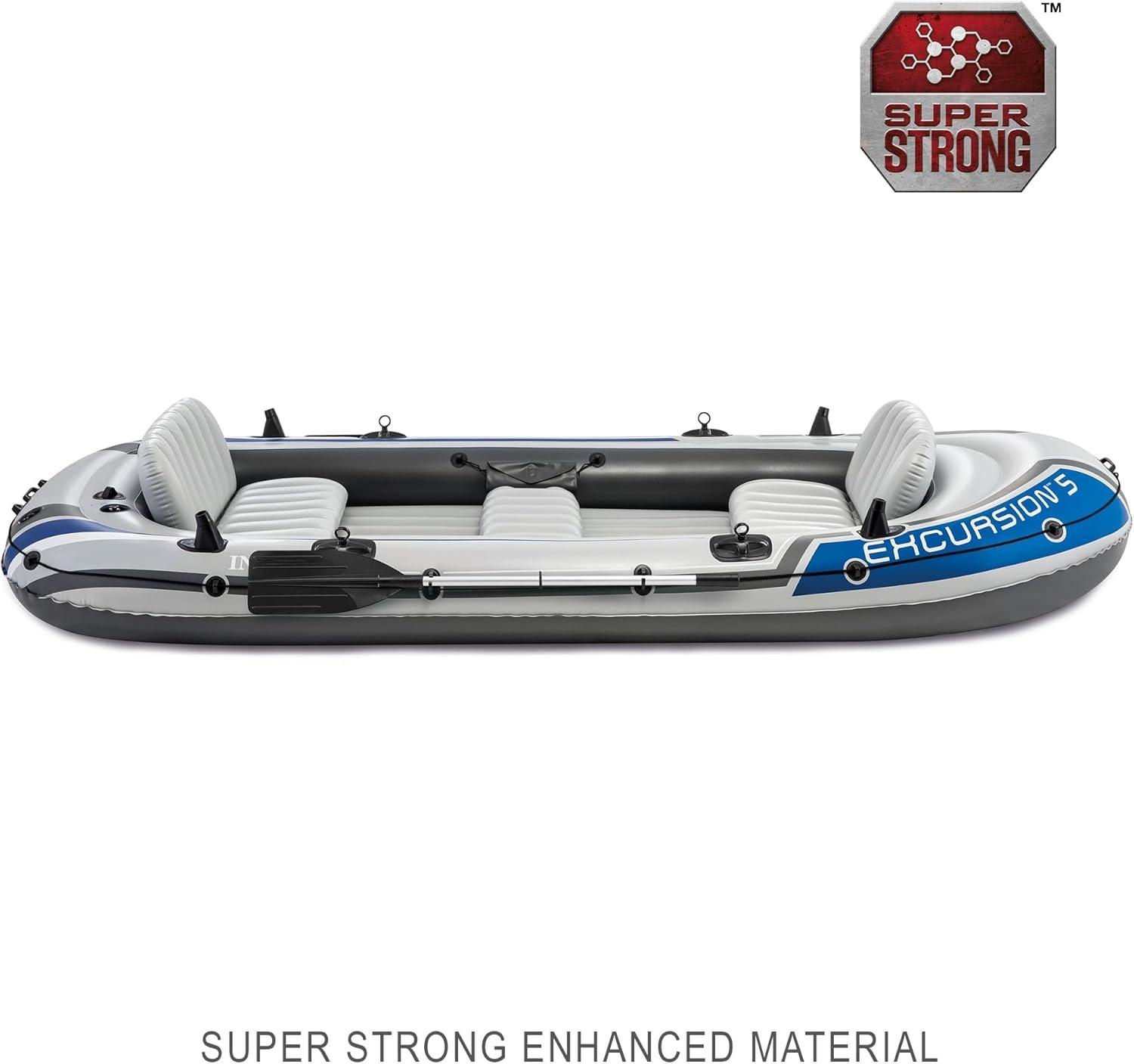 imageINTEX 66324EP Excursion 4 Inflatable Boat Set Includes Deluxe 54in Aluminum Oars and HighOutput Pump Adjustable Seats with Backrest Fishing Rod Holders 4Person 1100lb Weight CapacityGray