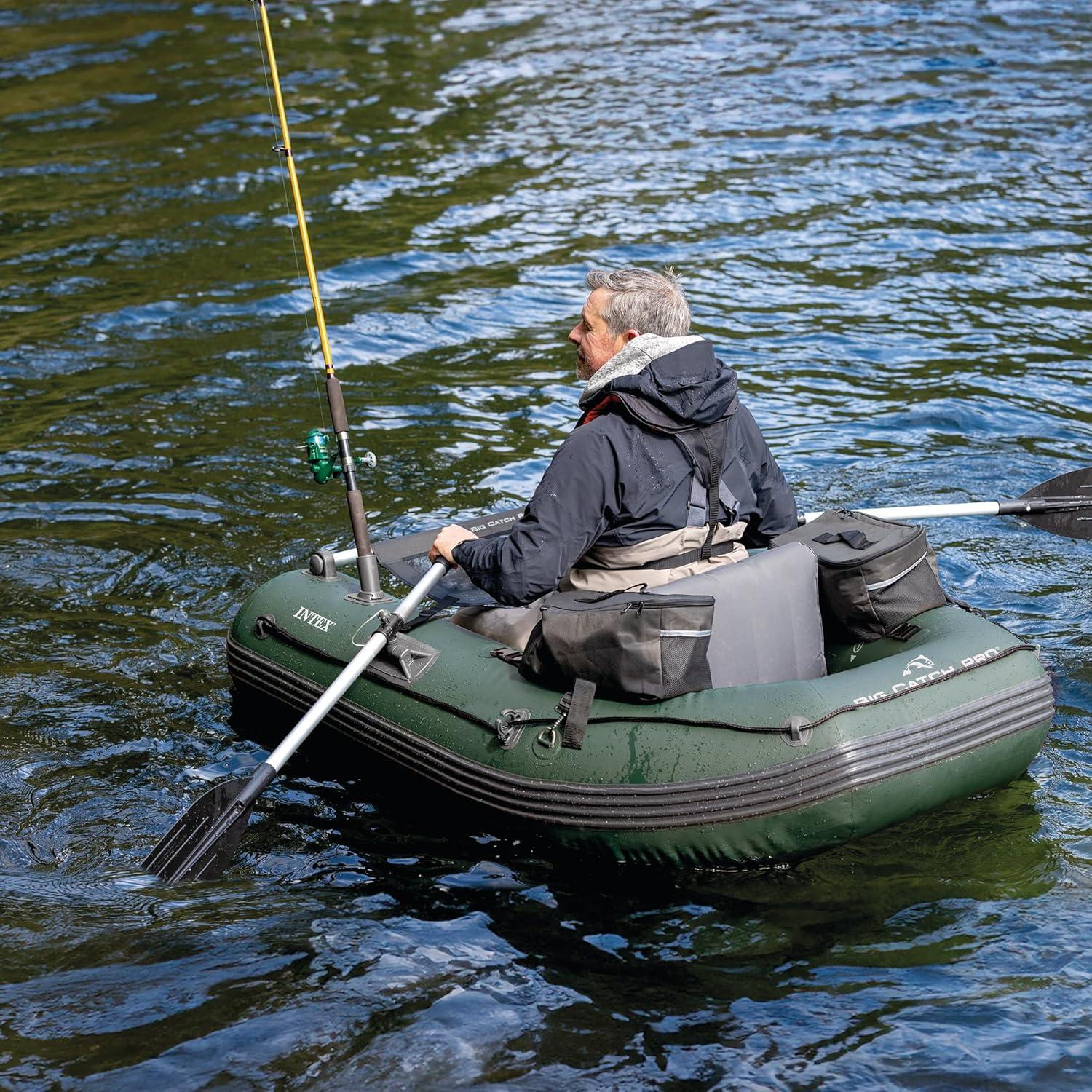imageINTEX Big Catch Pro Inflatable Fishing Float Tube Includes Deluxe 54in Boat Oars and HighOutput Pump Detachable Fishing Rod Holders Mesh Fish Ruler HeavyDuty Backpack 308lb Weight Capacity