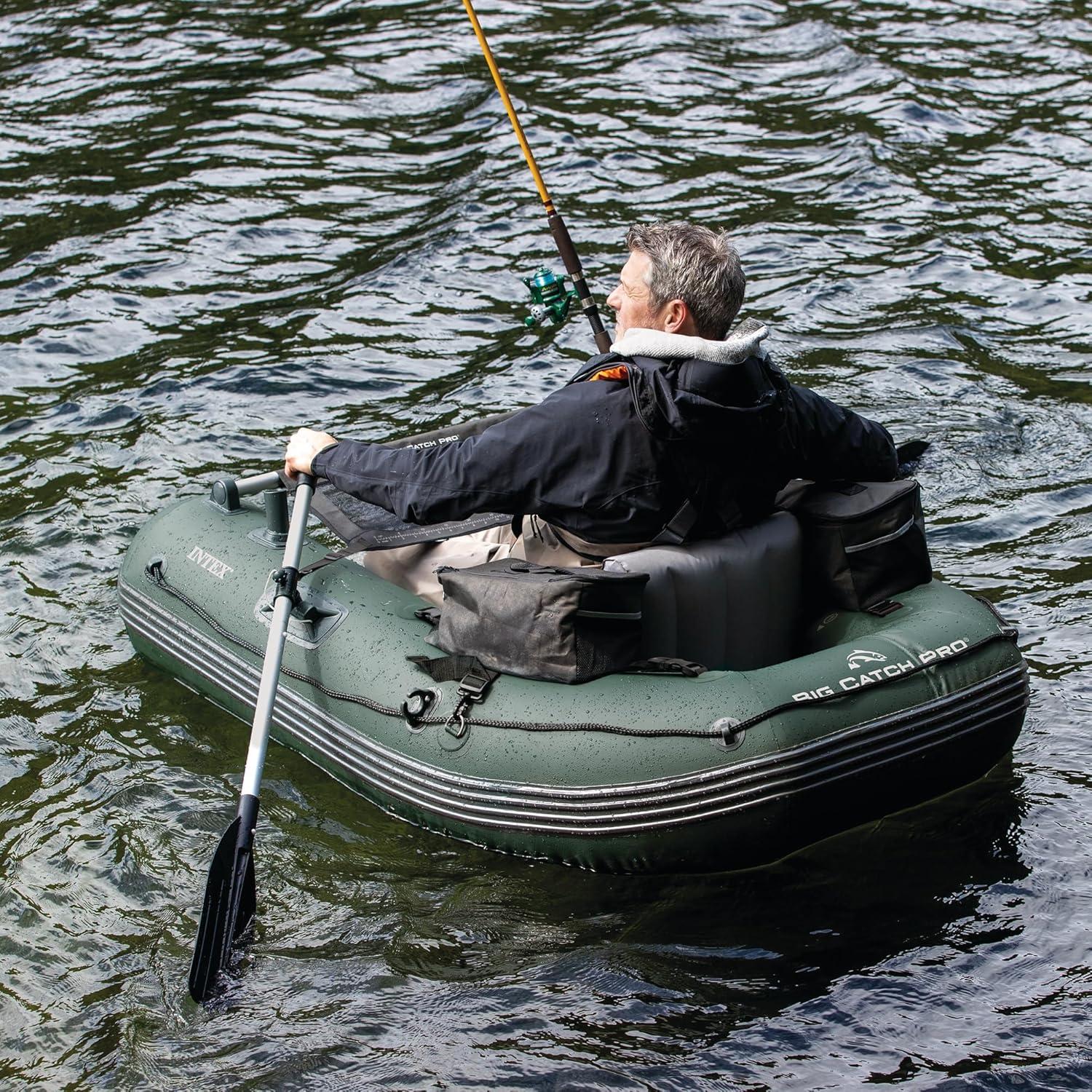 imageINTEX Big Catch Pro Inflatable Fishing Float Tube Includes Deluxe 54in Boat Oars and HighOutput Pump Detachable Fishing Rod Holders Mesh Fish Ruler HeavyDuty Backpack 308lb Weight Capacity