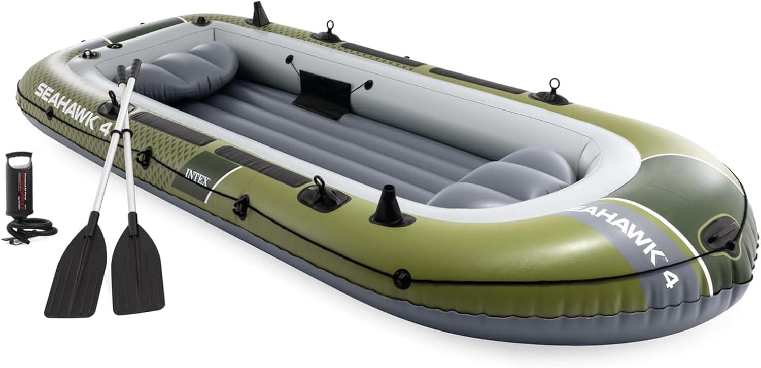 imageINTEX Seahawk Inflatable Boat Series Includes Boat Oars and HighOutput Pump Fishing Rod Holders Gear PouchDark Green