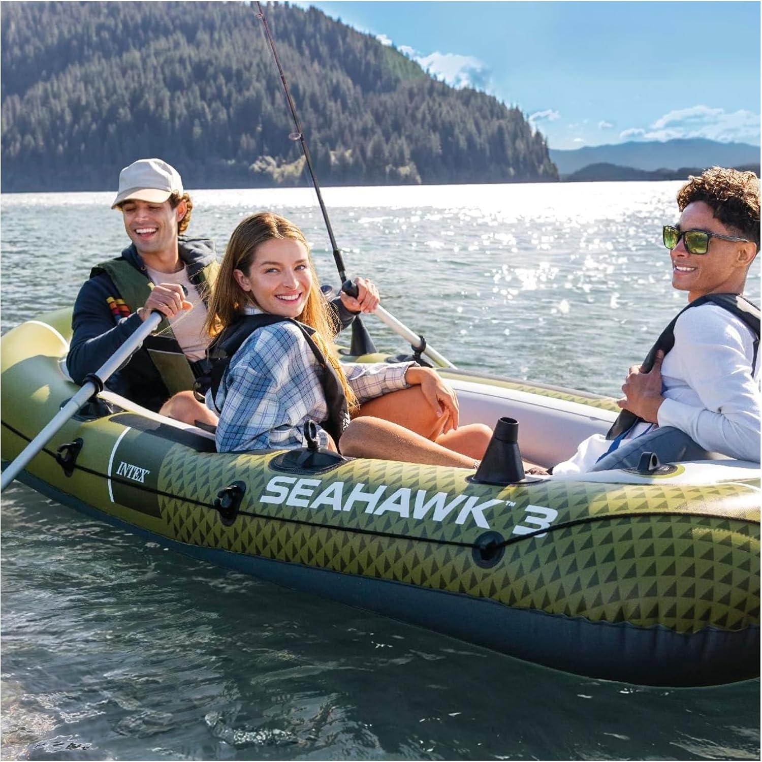 imageINTEX Seahawk Inflatable Boat Series Includes Boat Oars and HighOutput Pump Fishing Rod Holders Gear PouchDark Green