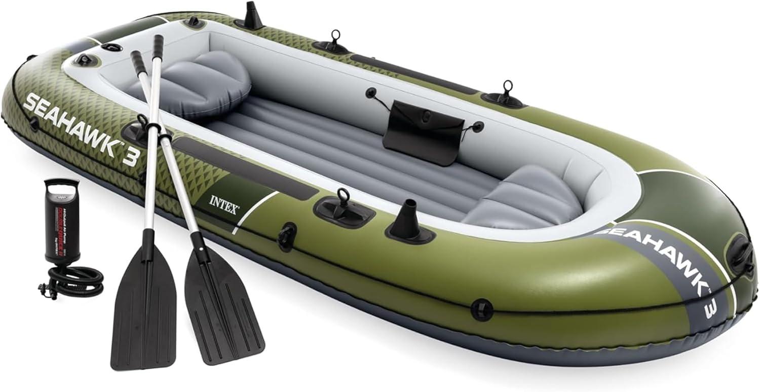 imageINTEX Seahawk Inflatable Boat Series Includes Boat Oars and HighOutput Pump Fishing Rod Holders Gear PouchDark Green