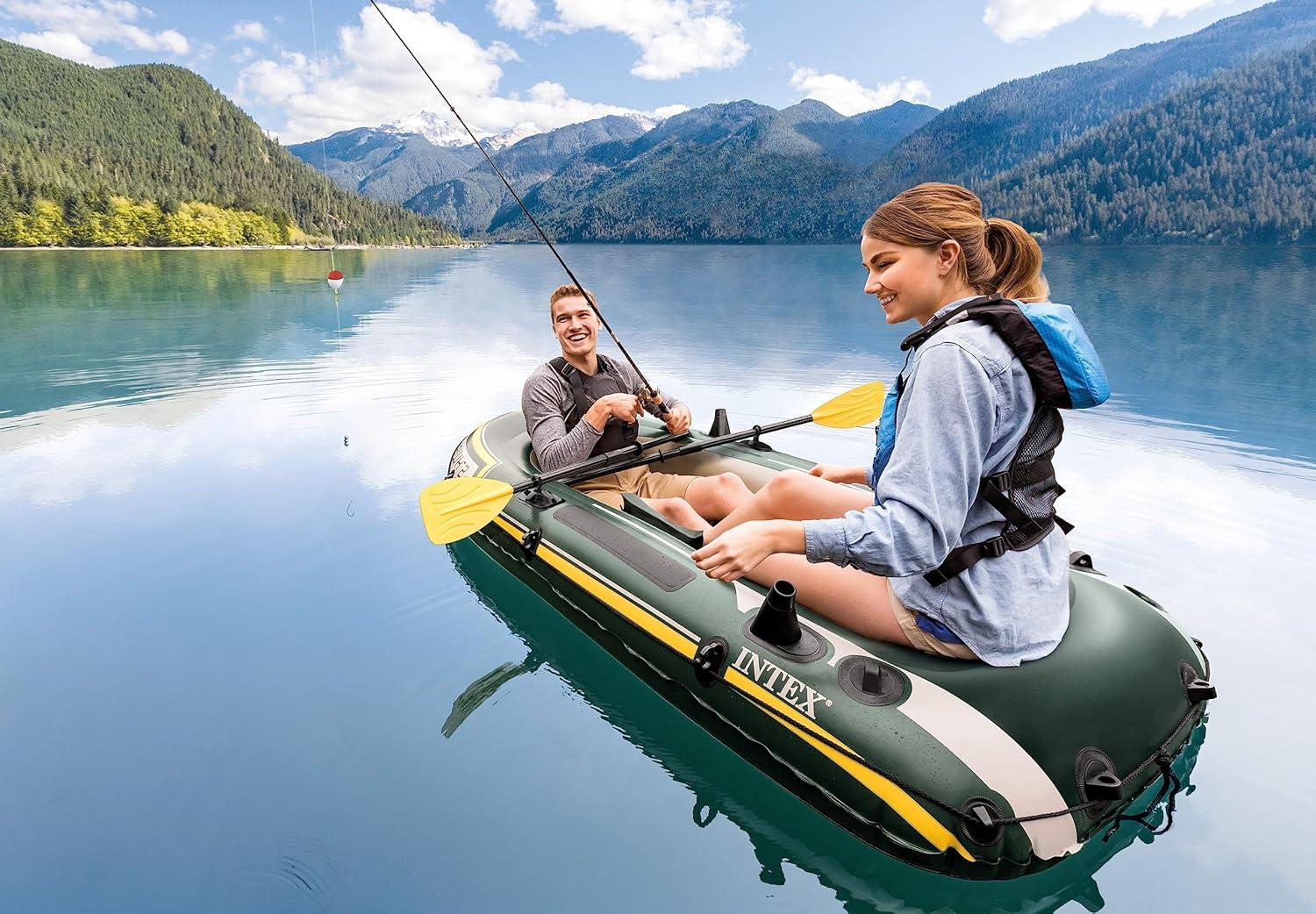 imageINTEX Seahawk Inflatable Boat Series Includes Boat Oars and HighOutput Pump Fishing Rod Holders Gear PouchLight Green