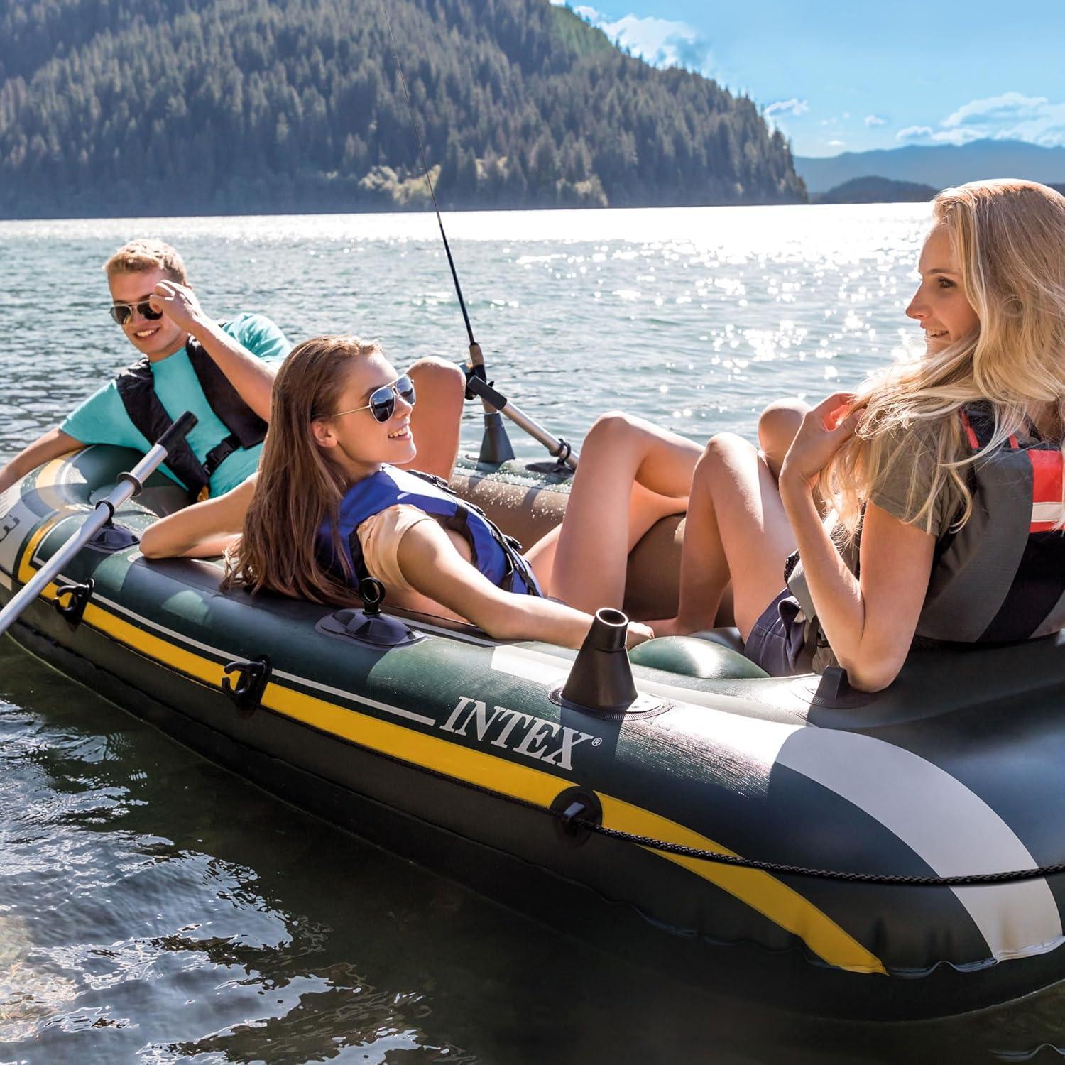 imageINTEX Seahawk Inflatable Boat Series Includes Boat Oars and HighOutput Pump Fishing Rod Holders Gear PouchLight Green