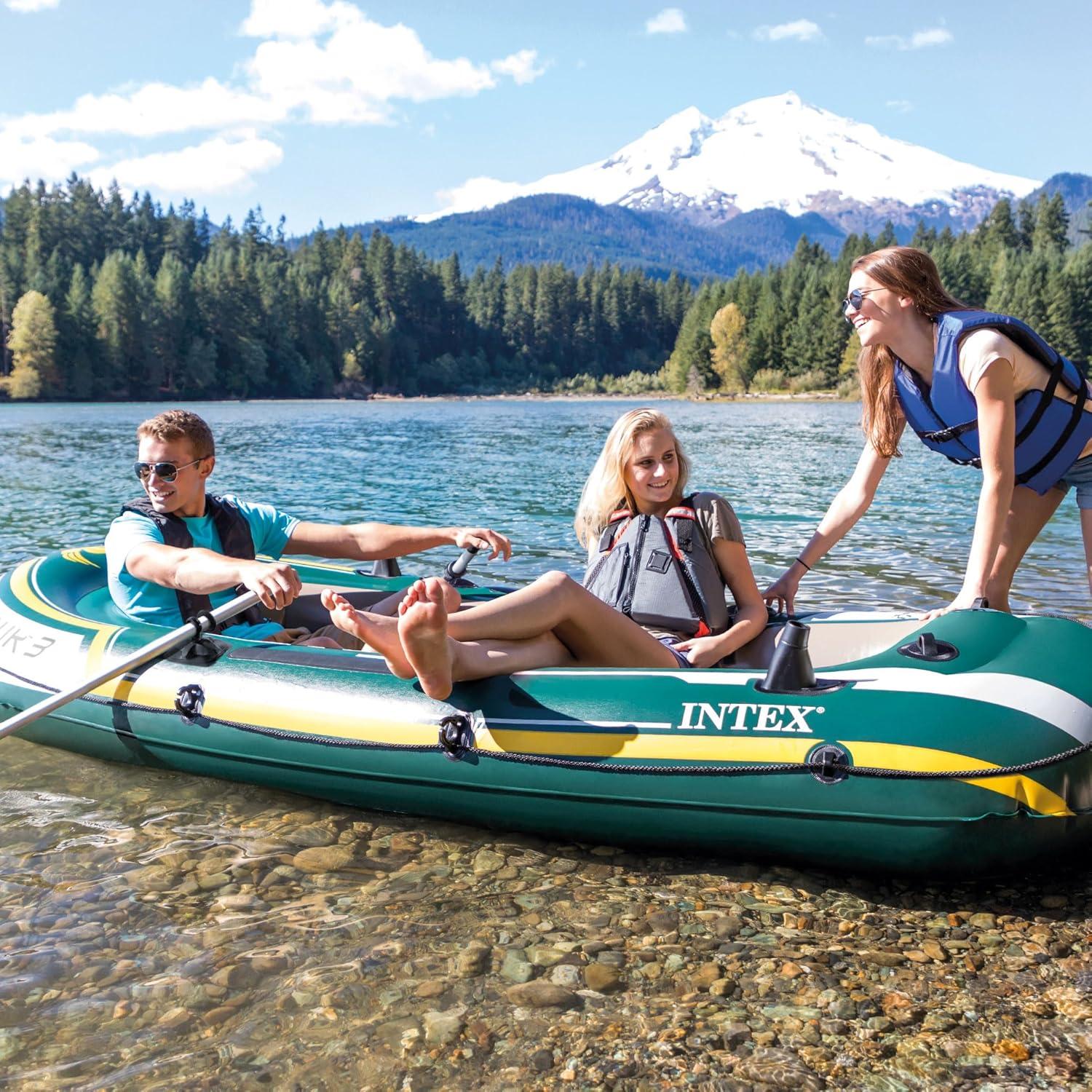 imageINTEX Seahawk Inflatable Boat Series Includes Boat Oars and HighOutput Pump Fishing Rod Holders Gear PouchLight Green