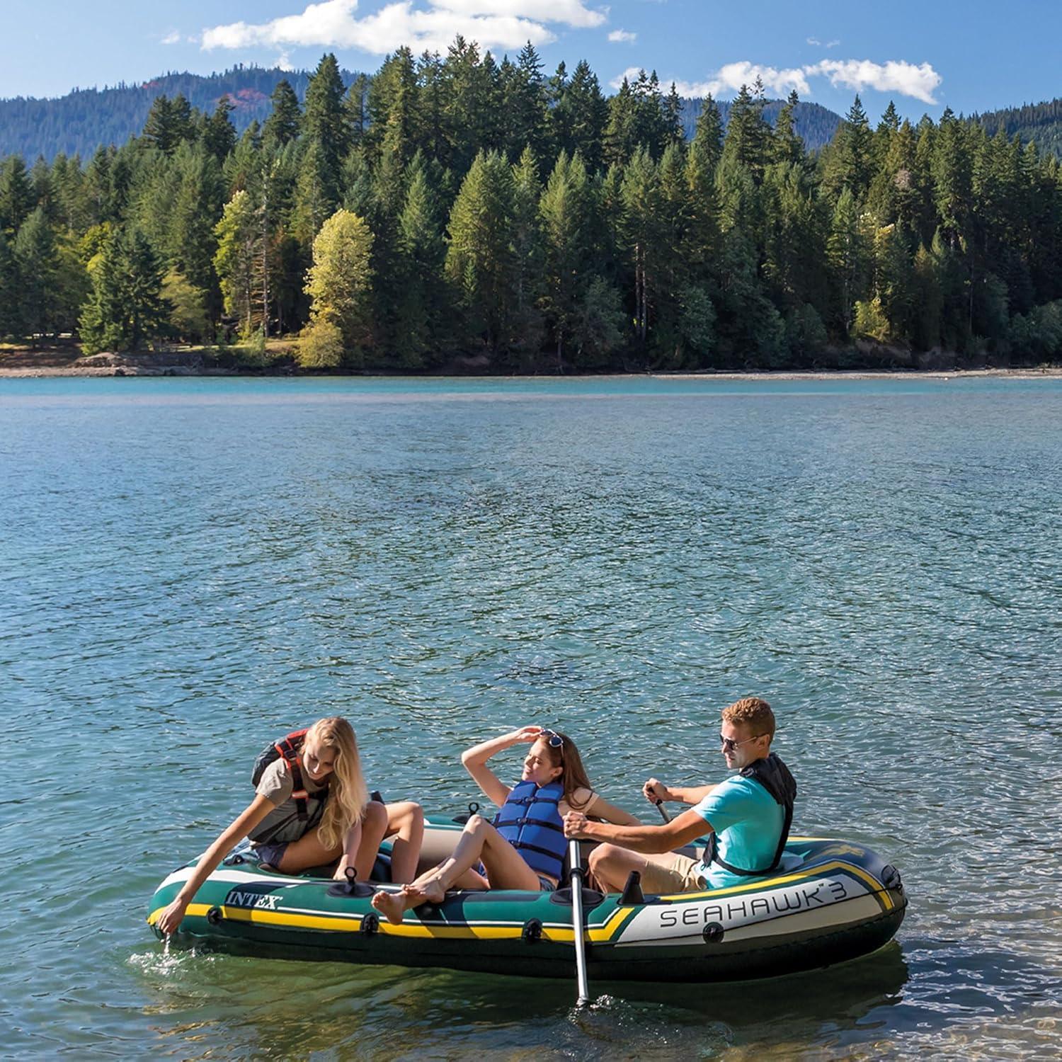 imageINTEX Seahawk Inflatable Boat Series Includes Boat Oars and HighOutput Pump Fishing Rod Holders Gear PouchLight Green