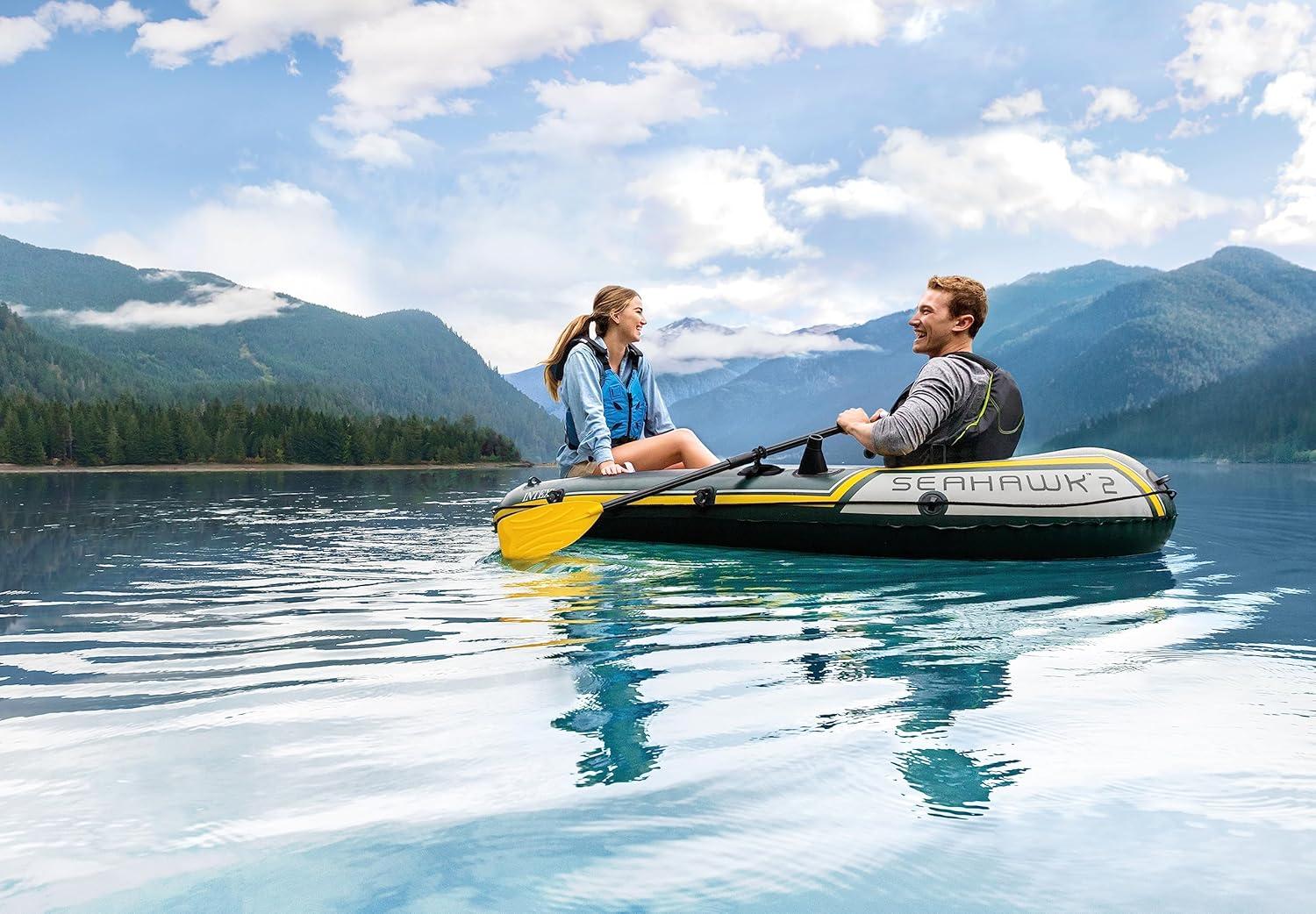 imageINTEX Seahawk Inflatable Boat Series Includes Boat Oars and HighOutput Pump Fishing Rod Holders Gear PouchLight Green