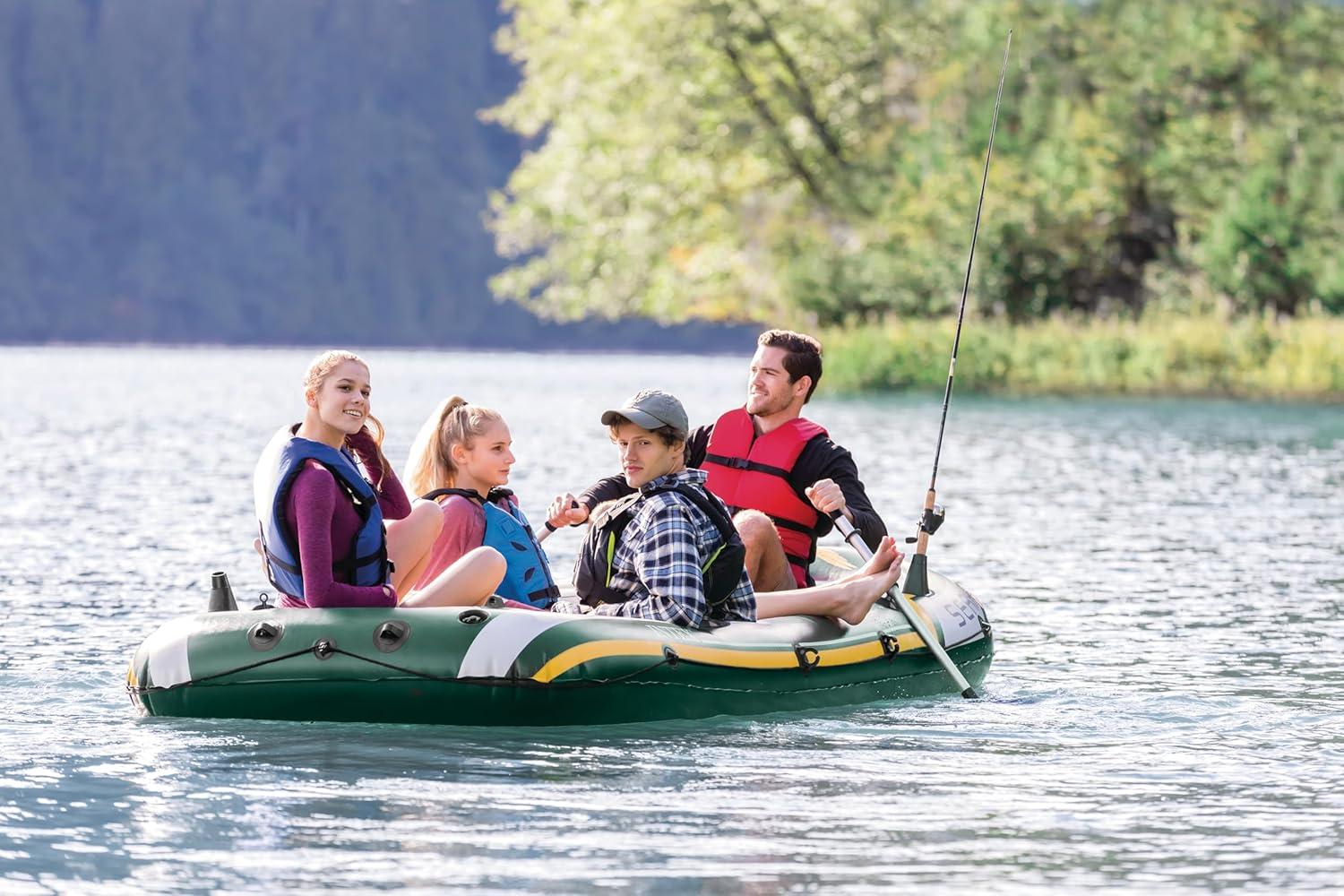 imageINTEX Seahawk Inflatable Boat Series Includes Boat Oars and HighOutput Pump Fishing Rod Holders Gear PouchLight Green