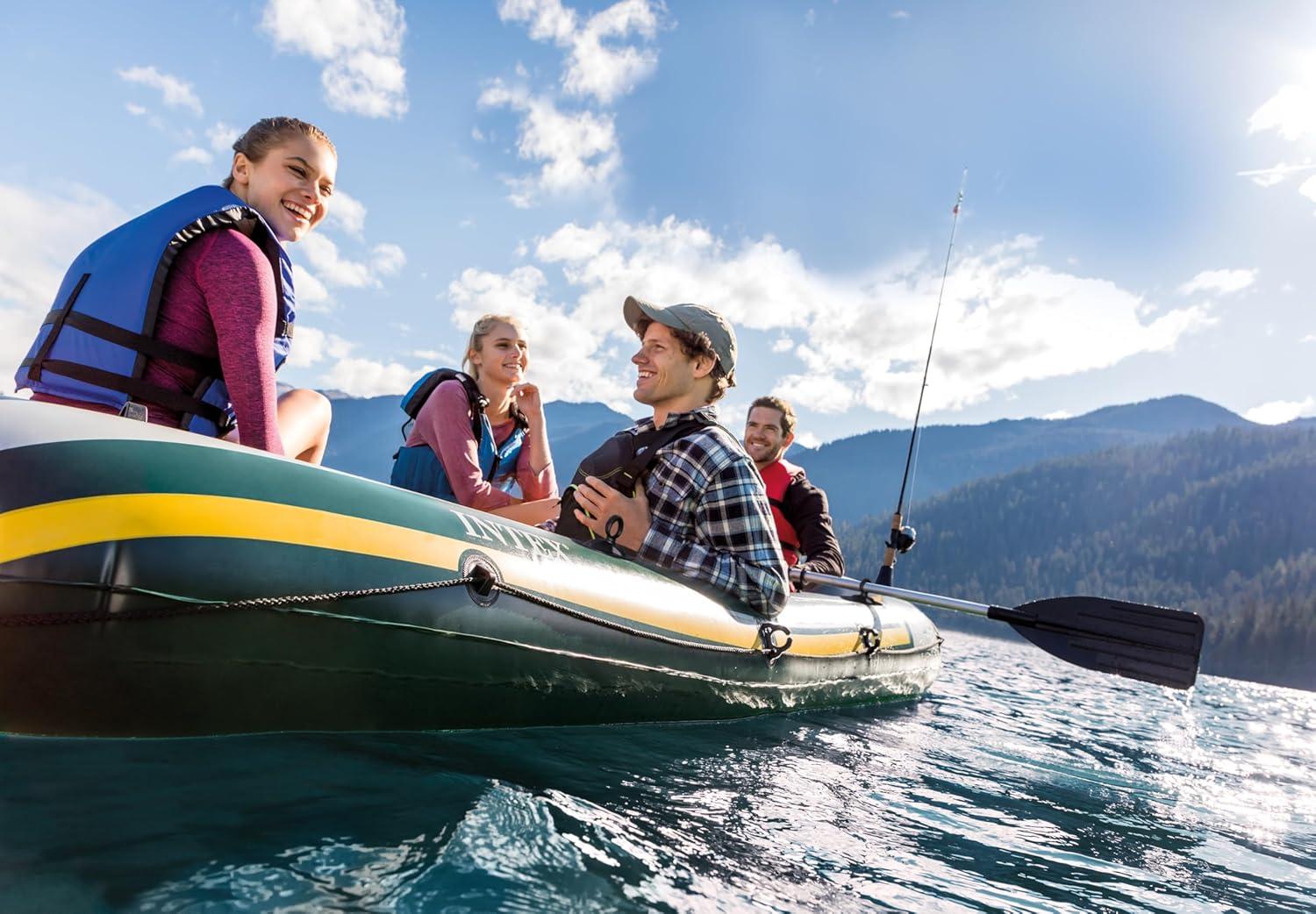 imageINTEX Seahawk Inflatable Boat Series Includes Boat Oars and HighOutput Pump Fishing Rod Holders Gear PouchLight Green
