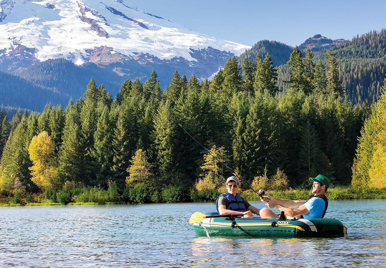 imageINTEX Seahawk Inflatable Boat Series Includes Boat Oars and HighOutput Pump Fishing Rod Holders Gear PouchLight Green