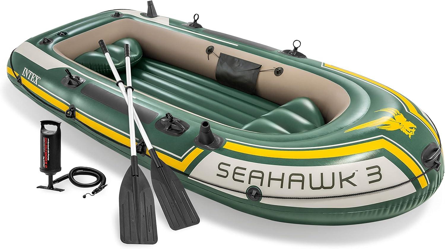 imageINTEX Seahawk Inflatable Boat Series Includes Boat Oars and HighOutput Pump Fishing Rod Holders Gear PouchLight Green