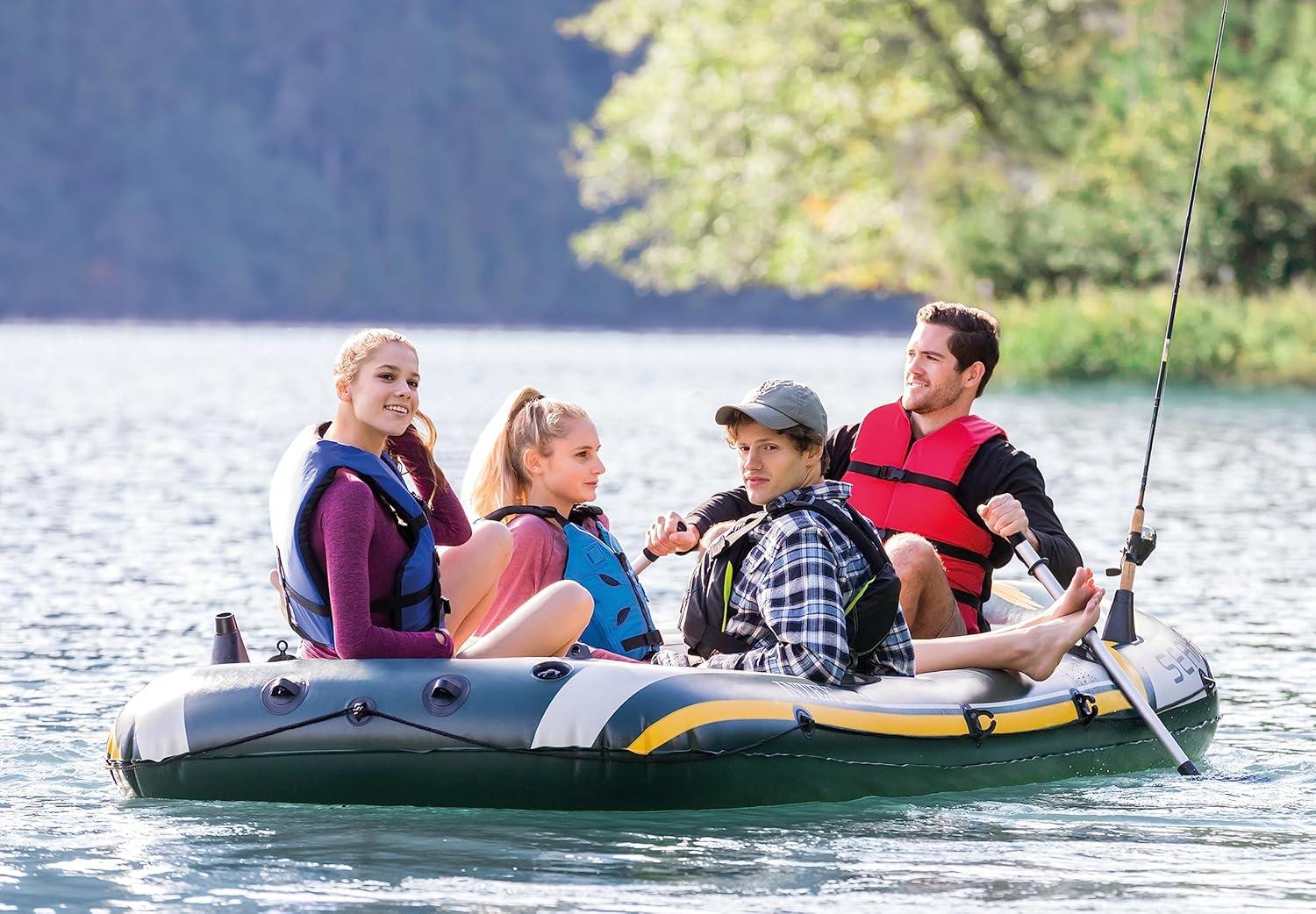 imageINTEX Seahawk Inflatable Boat Series Includes Boat Oars and HighOutput Pump Fishing Rod Holders Gear PouchLight Green