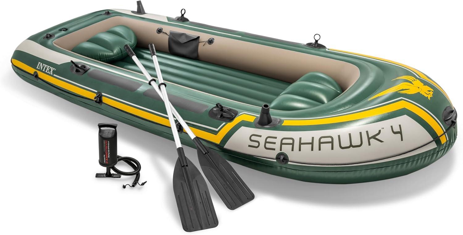 imageINTEX Seahawk Inflatable Boat Series Includes Boat Oars and HighOutput Pump Fishing Rod Holders Gear PouchLight Green