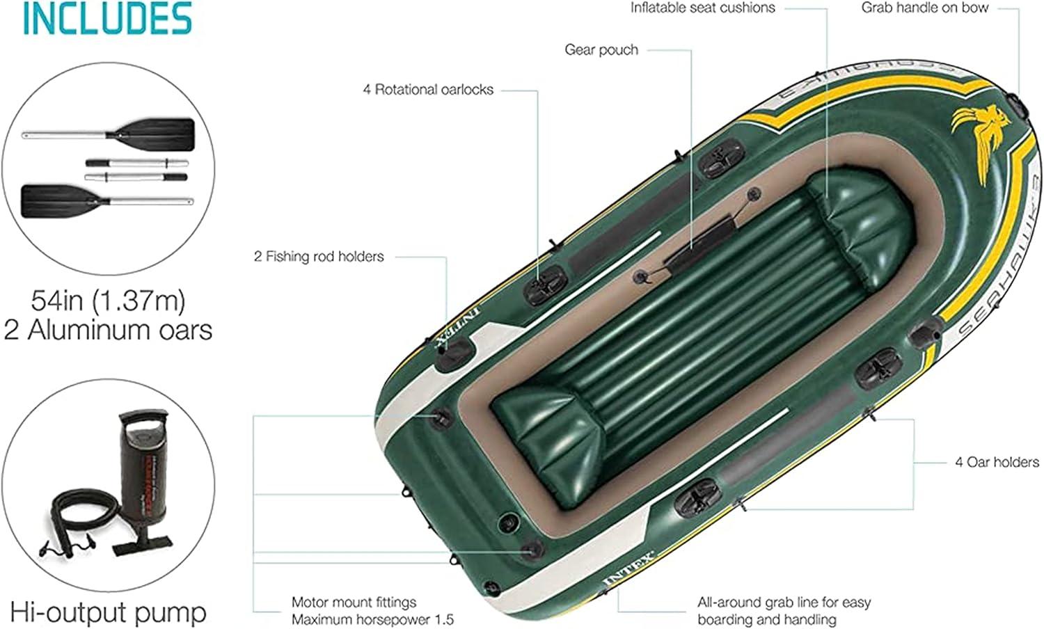 imageINTEX Seahawk Inflatable Boat Series Includes Boat Oars and HighOutput Pump Fishing Rod Holders Gear PouchLight Green