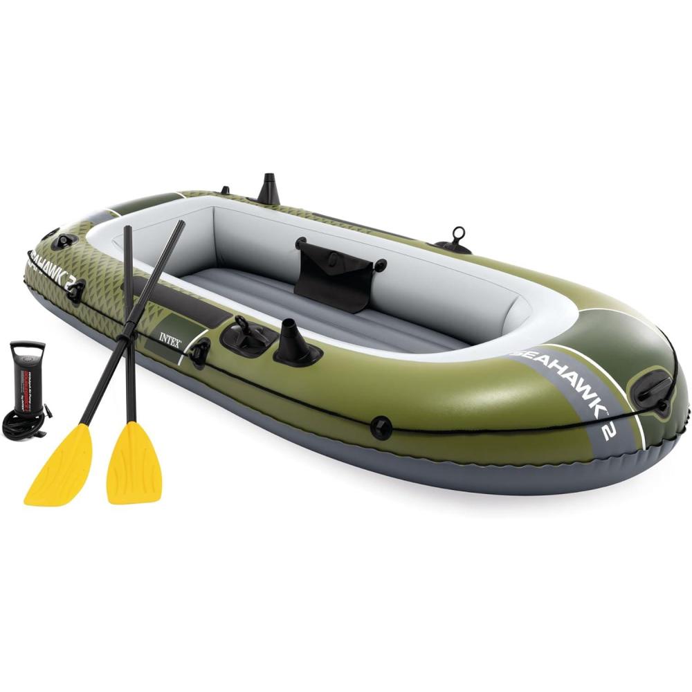 imageINTEX Seahawk Inflatable Boat Series Includes Boat Oars and HighOutput Pump Fishing Rod Holders Gear PouchDark Green