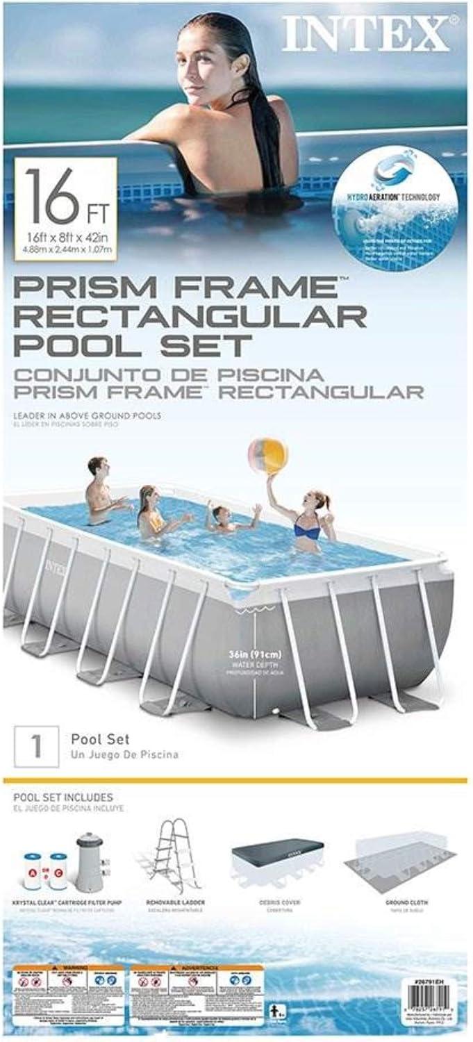imageIntex 16 Foot by 42 inches Frame Rectangular Above Ground Swimming Pool Set with Filter Pump Ladder Ground Cloth Protective Canopy and Pool Cover