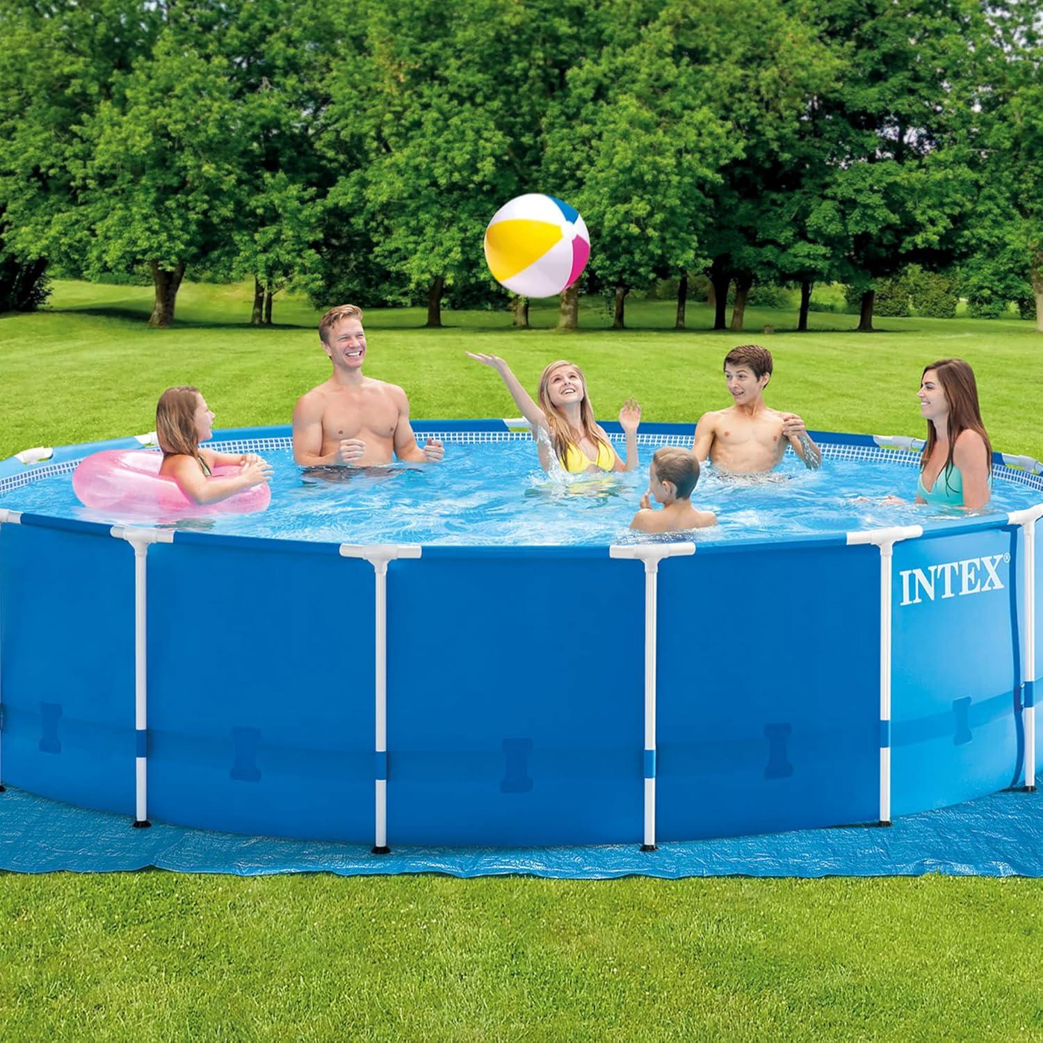 imageIntex Metal Frame 15 x 48 Round Above Ground Swimming Pool Set with Filter Pump Ladder and Cover with Maintenance Accessory Vacuum and Skimmer Kit