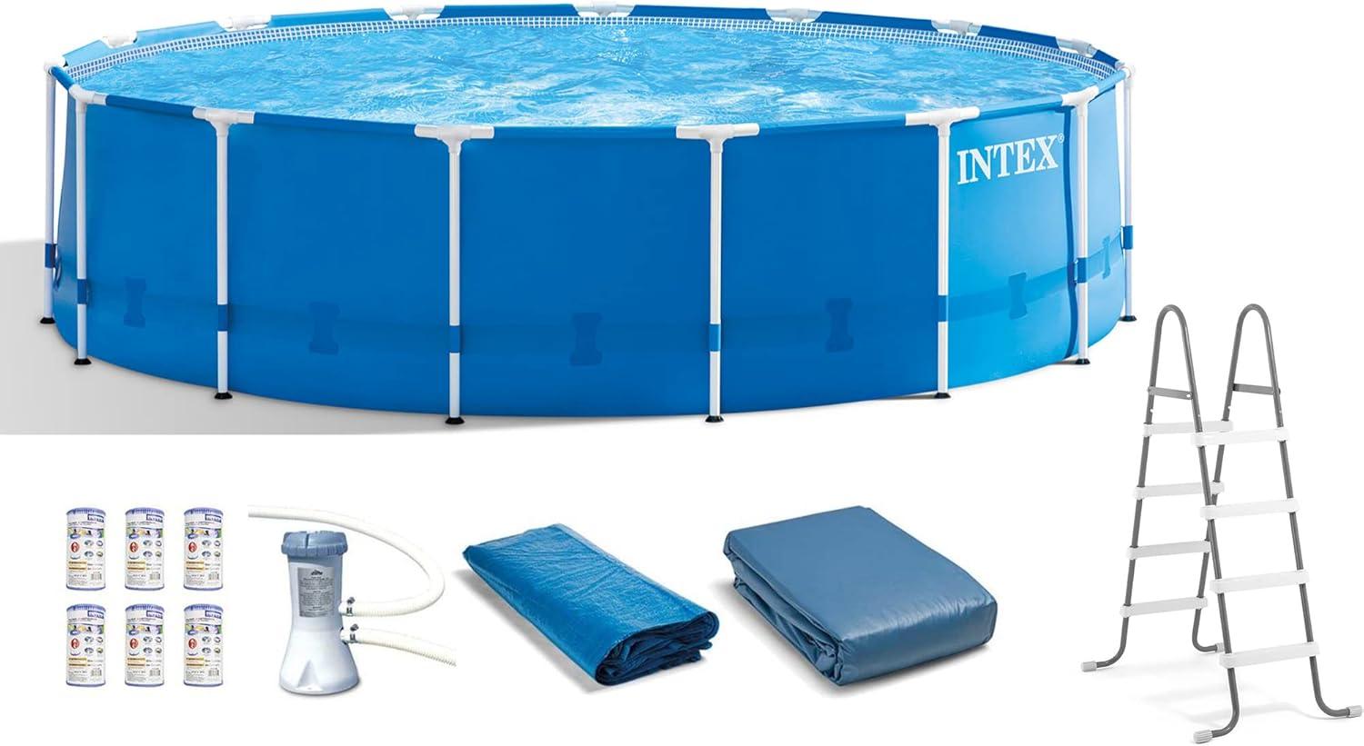 imageIntex Metal Frame 15 x 48 Round Above Ground Swimming Pool Set with Filter Pump Ladder and Cover with Maintenance Accessory Vacuum and Skimmer Kit