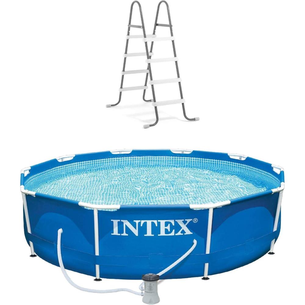 imageINTEX 10ft x 30in Round Metal Frame Above Ground Pool Set with 330 GPH Filter Pump Type H Filter Cartridge and Steel Frame Pool Ladder