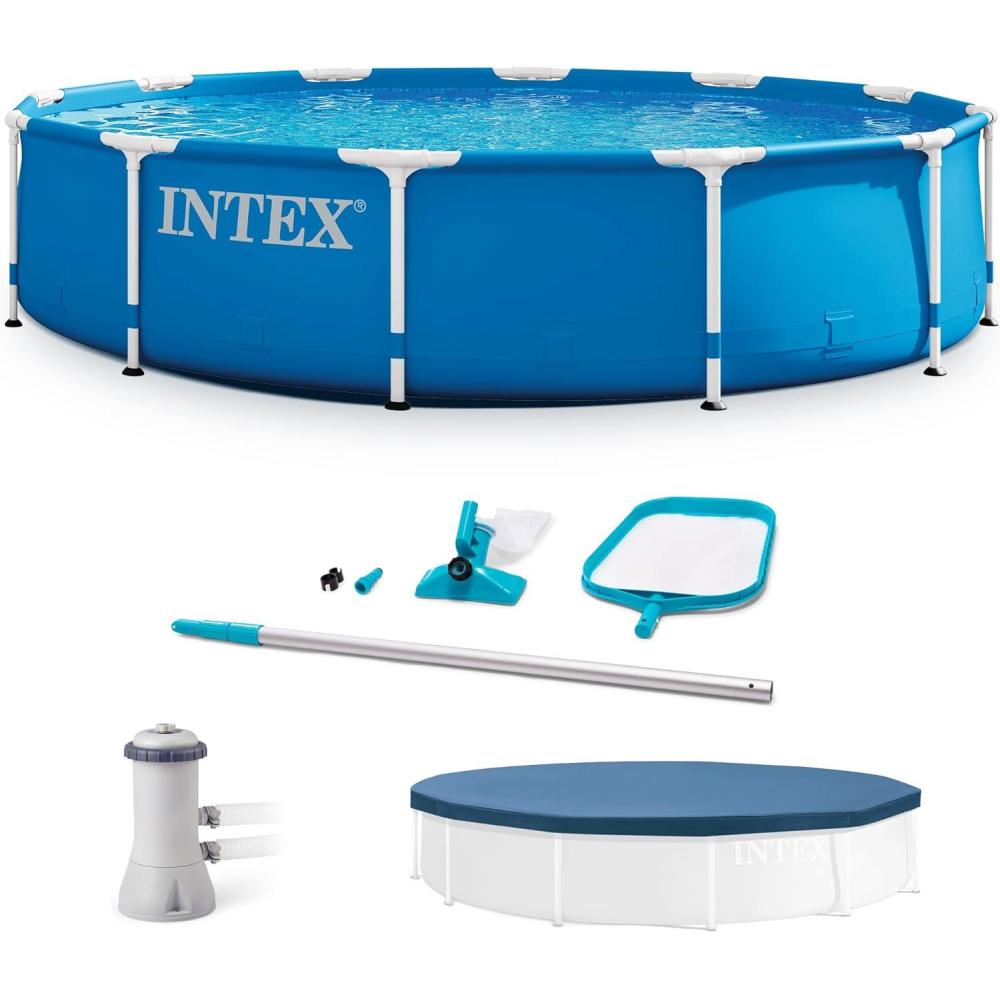 imageINTEX 12 x 25 Foot Metal Frame Above Ground Swimming Pool Type A Filter Protective Cover and Complete Maintenance Kit with Vacuum Skimmer and Pole