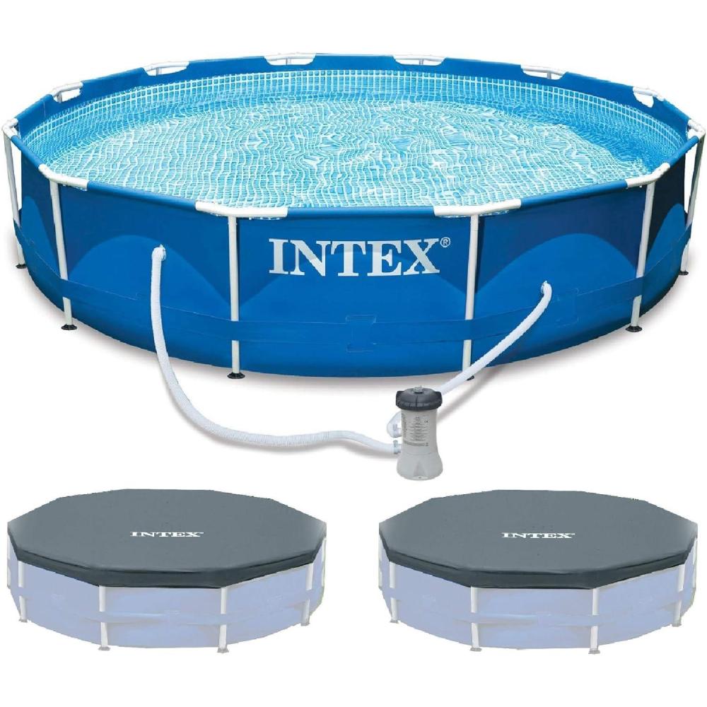 imageINTEX Metal Frame 12ft x 30in Round 6 Person Outdoor Swimming Pool Set with Filter Pump TypeA Cartridge and Pool Covers 2Pack ToolFree Assembly