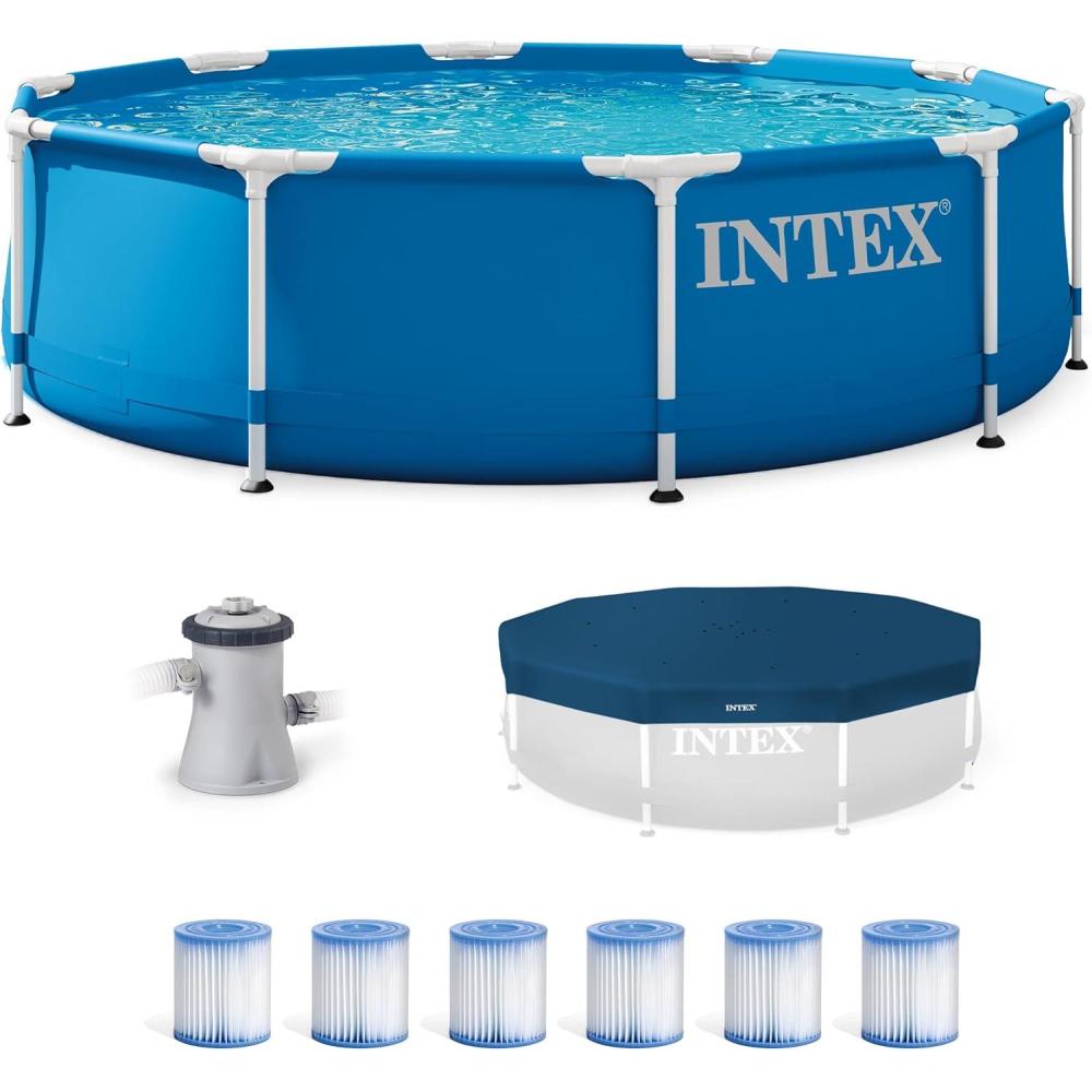 imageINTEX Pool Metal Frame 10x30 Round Outdoor Swimming Pool Set with 330 GPH Filter Pump Pool Cover and Type H Filter Cartridge Replacements 6 pack