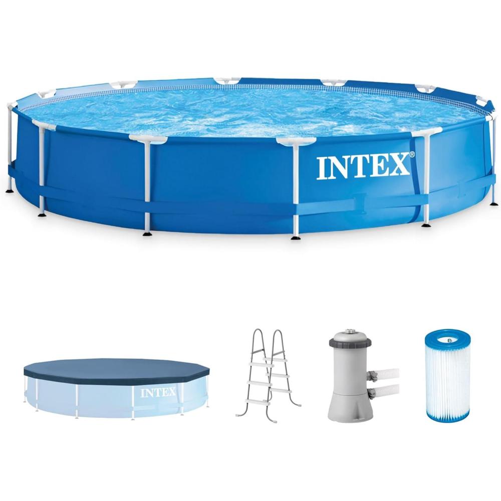 imageIntex 12 x 30 Round Metal Frame Outdoor Above Ground Swimming Pool Set with Filter Pump Cartridges 42 Inch Steel Pool Ladder and Secure Cover