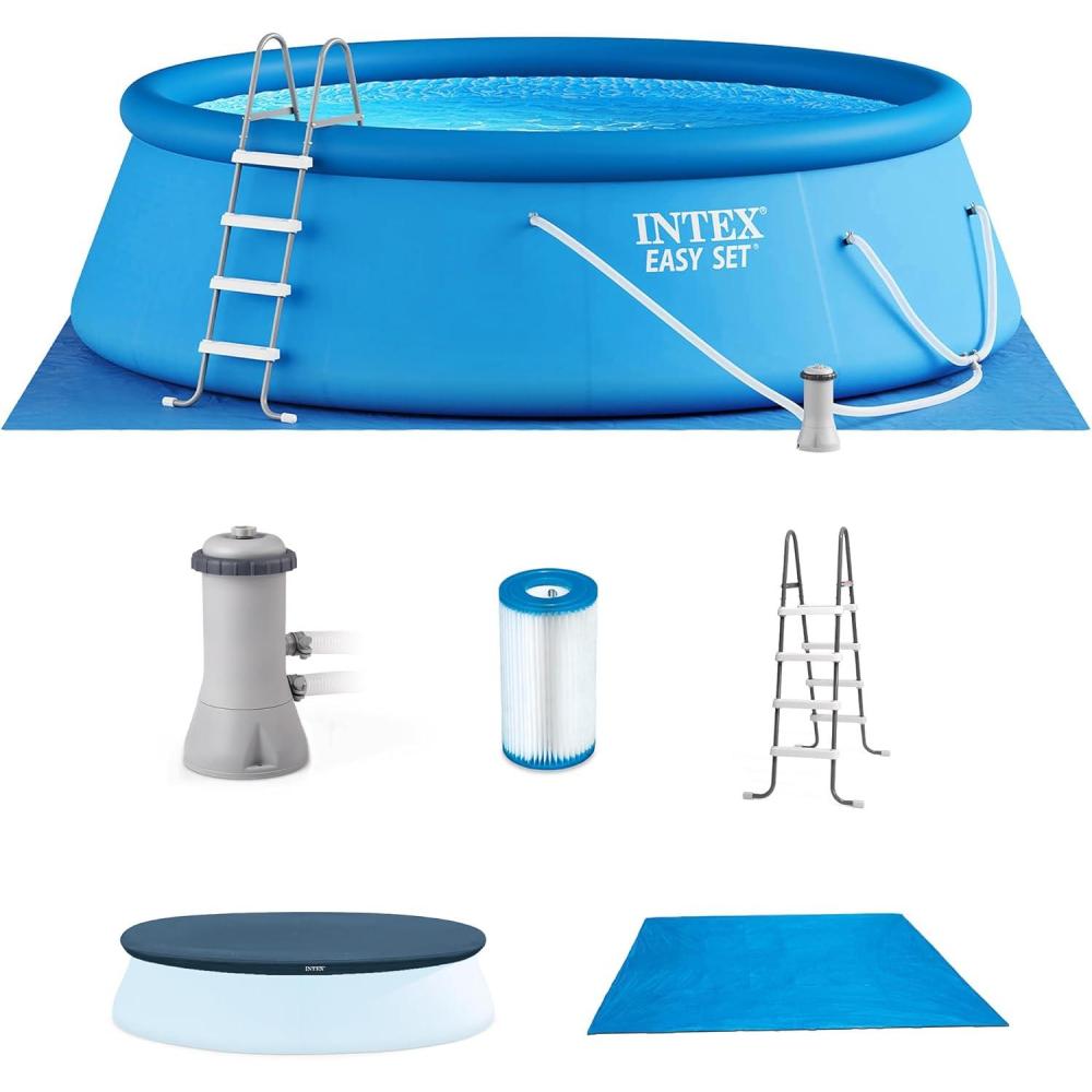 imageIntex 15ft x 48in Easy Set Above Ground Inflatable Ring Top Swimming Pool with Filter Catridge Pump and Solar Cover