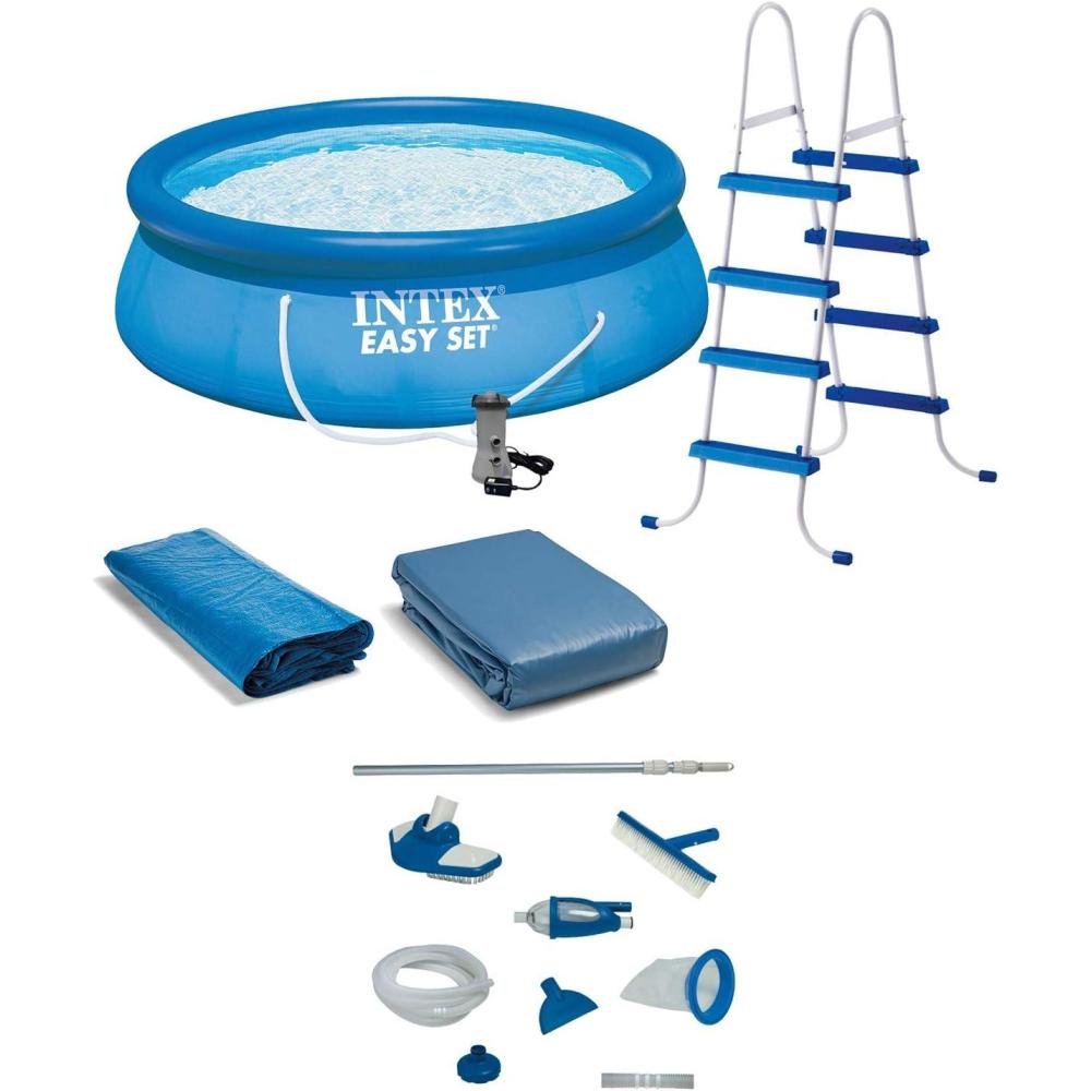 imageIntex 15x48 Round Inflatable Outdoor Above Ground Swimming Pool Set with Ladder Filter Pump and Deluxe Maintenance Pool Cleaning Kit for Backyards