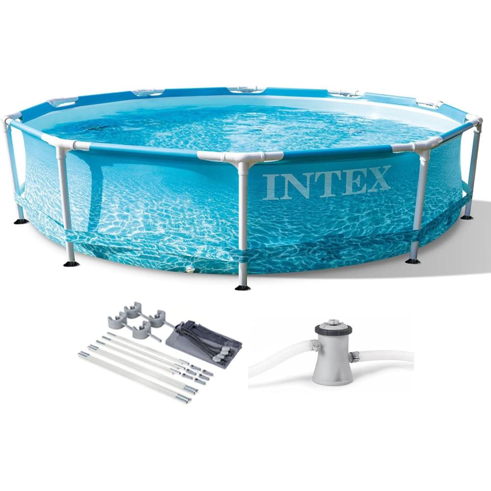 imageIntex 28207EH 10 Feet x 30 Inch Metal Frame Outdoor Backyard Above Ground Circular Beachside Swimming Pool with Filter Pump and Protective Canopy