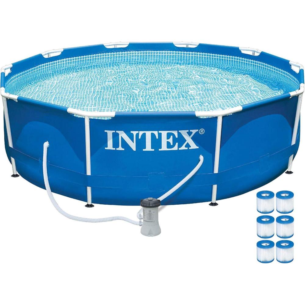 imageIntex 4 Person Metal Frame Outdoor Above Ground Pool Set with Drain Plug Filter Pump and 6 Type H Replacement Filter Cartridges Blue