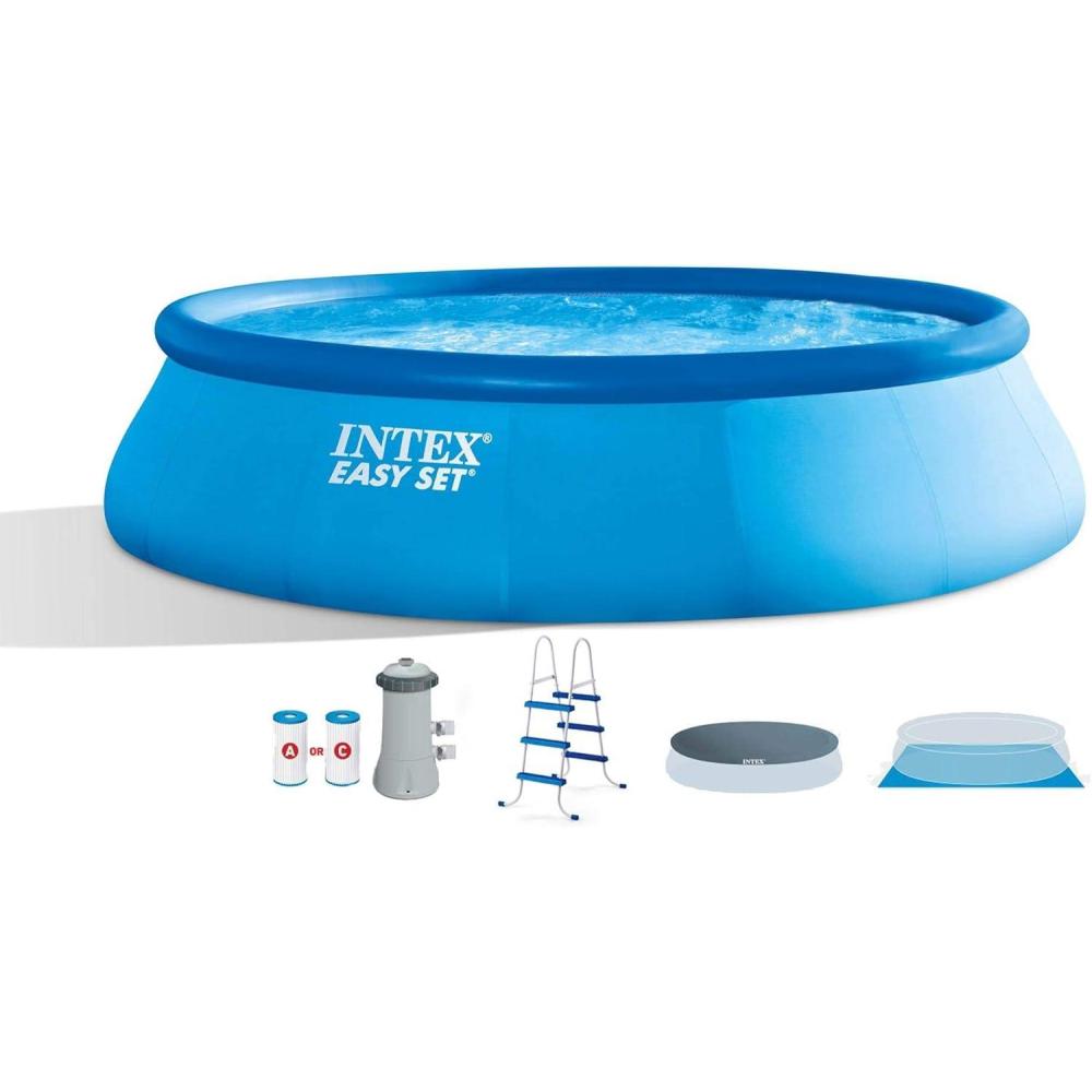 imageIntex Inflatable Easy Set Above Ground Round Swimming Pool Outdoor Pool Set for Backyards with 15 Round Cover Ladder and Filter Pump Blue