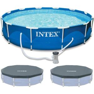 INTEX Metal Frame 12ft x 30in Round 6 Person Outdoor Swimming Pool Set with Filter Pump, Type-A Cartridge and Pool Covers (2-Pack), Tool-Free Assembly