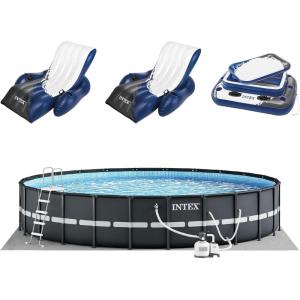 Intex 26339EH Ultra XTR 24ft x 52in Above Ground Swimming Pool Set with Sand Filter Pump, Inflatable Lounge Pool Recliners (2-Pack) and Inflatable Beverage Cooler