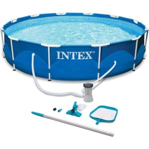 Intex Metal Frame 10′ x 30″ Above Ground Outdoor Swimming Pool with 330 GPH Filter Pump and Maintenance Kit with Vacuum Skimmer and Adjustable Pole