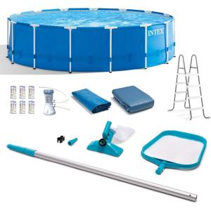 Intex Metal Frame 15′ x 48″ Round Above Ground Swimming Pool Set with Filter Pump, Ladder, and Cover with Maintenance Accessory Vacuum and Skimmer Kit