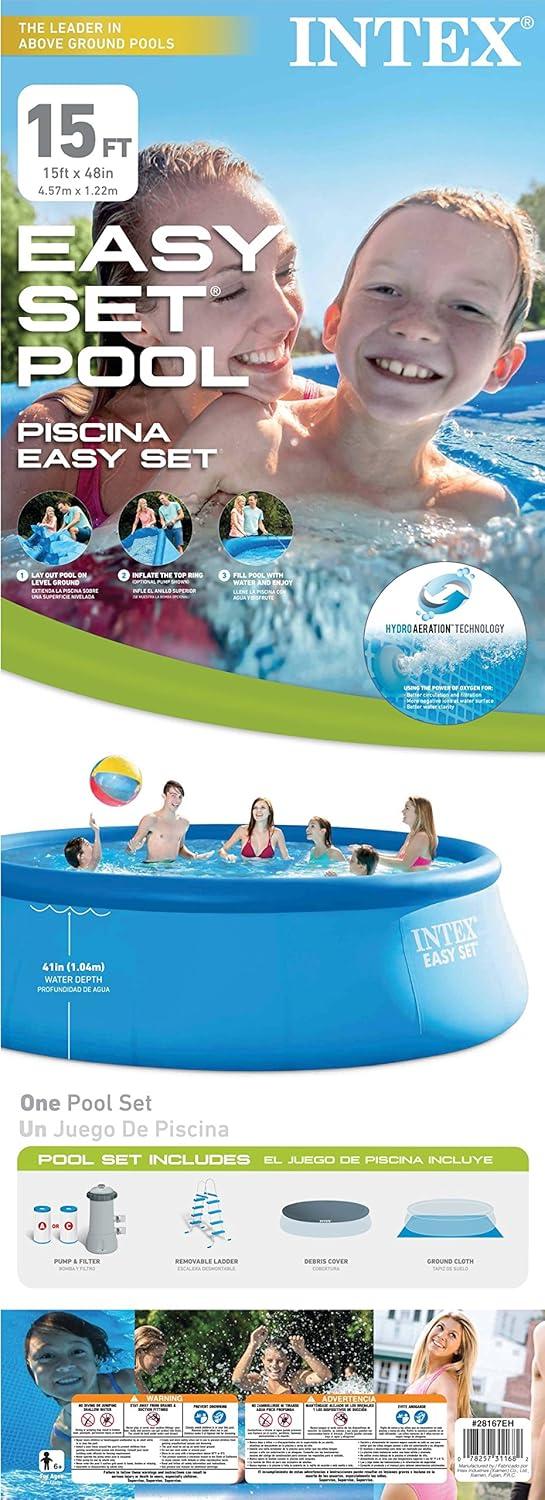 imageINTEX Easy Set Inflatable Swimming Pool Set 15ft x 48in with 1000 GPH Cartridge Filter Pump and Hydrotools Chlorine Dispenser Easy Assembly