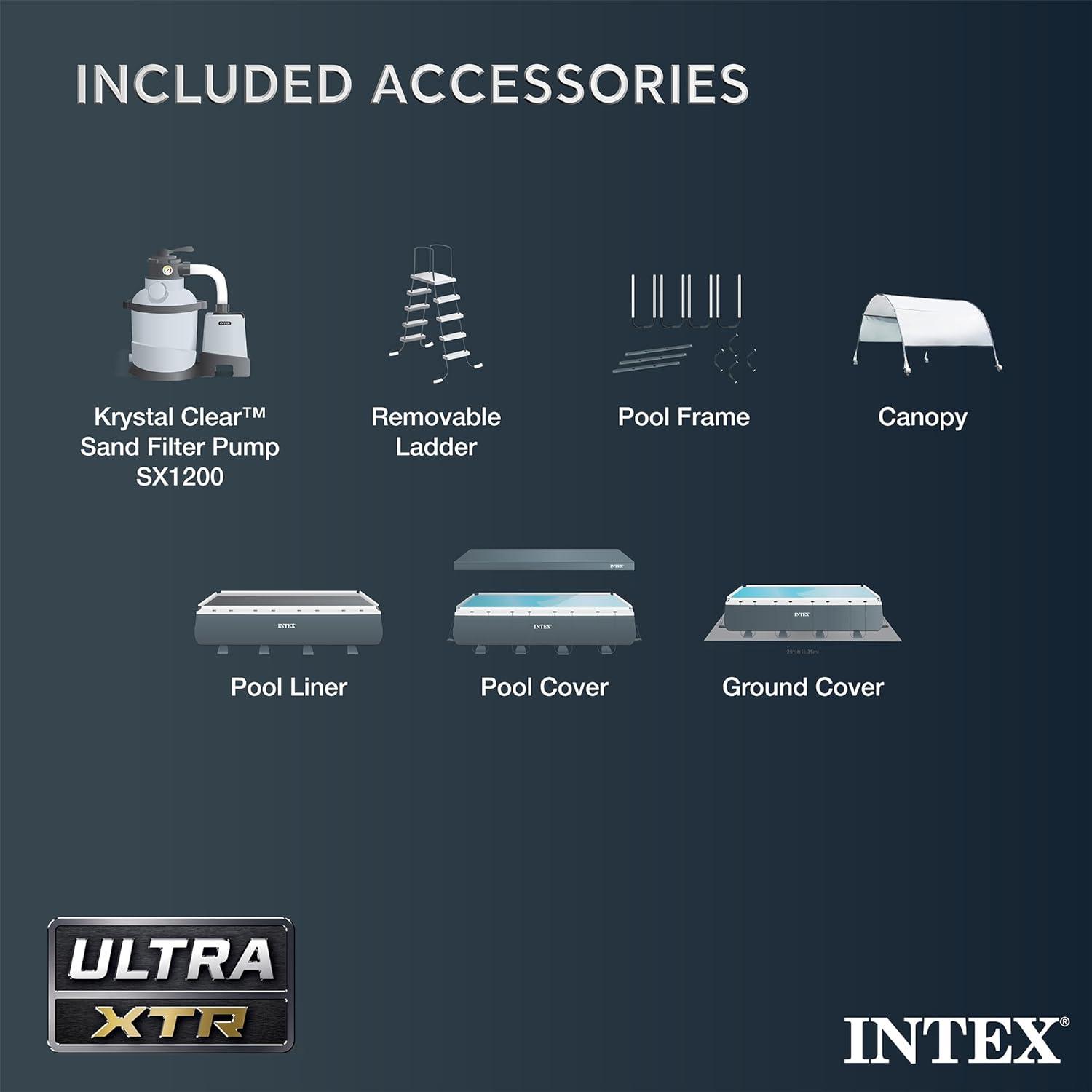 imageIntex 18 Foot by 52 Inch Ultra XTR Framed Above Ground Swimming Pool Set with Sand Filter Pump Pool Cover and Ladder Canopy and Ground Cloth Gray18 x 9 x 52