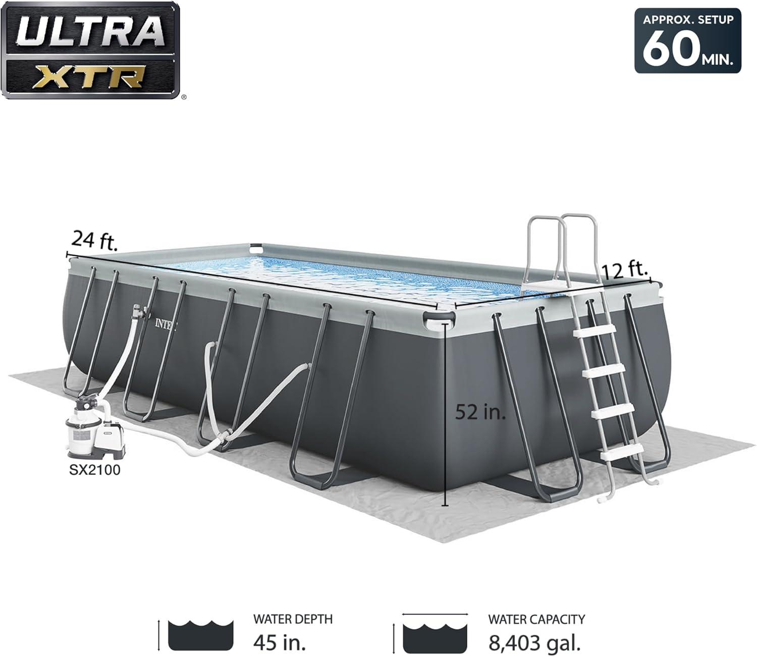 imageIntex 18 Foot by 52 Inch Ultra XTR Framed Above Ground Swimming Pool Set with Sand Filter Pump Pool Cover and Ladder Canopy and Ground Cloth Gray24 x 12 x 52