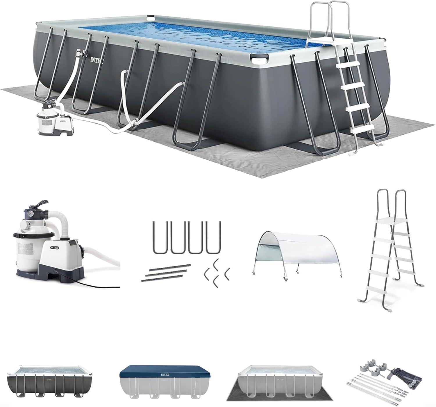 imageIntex 18 Foot by 52 Inch Ultra XTR Framed Above Ground Swimming Pool Set with Sand Filter Pump Pool Cover and Ladder Canopy and Ground Cloth Gray24 x 12 x 52