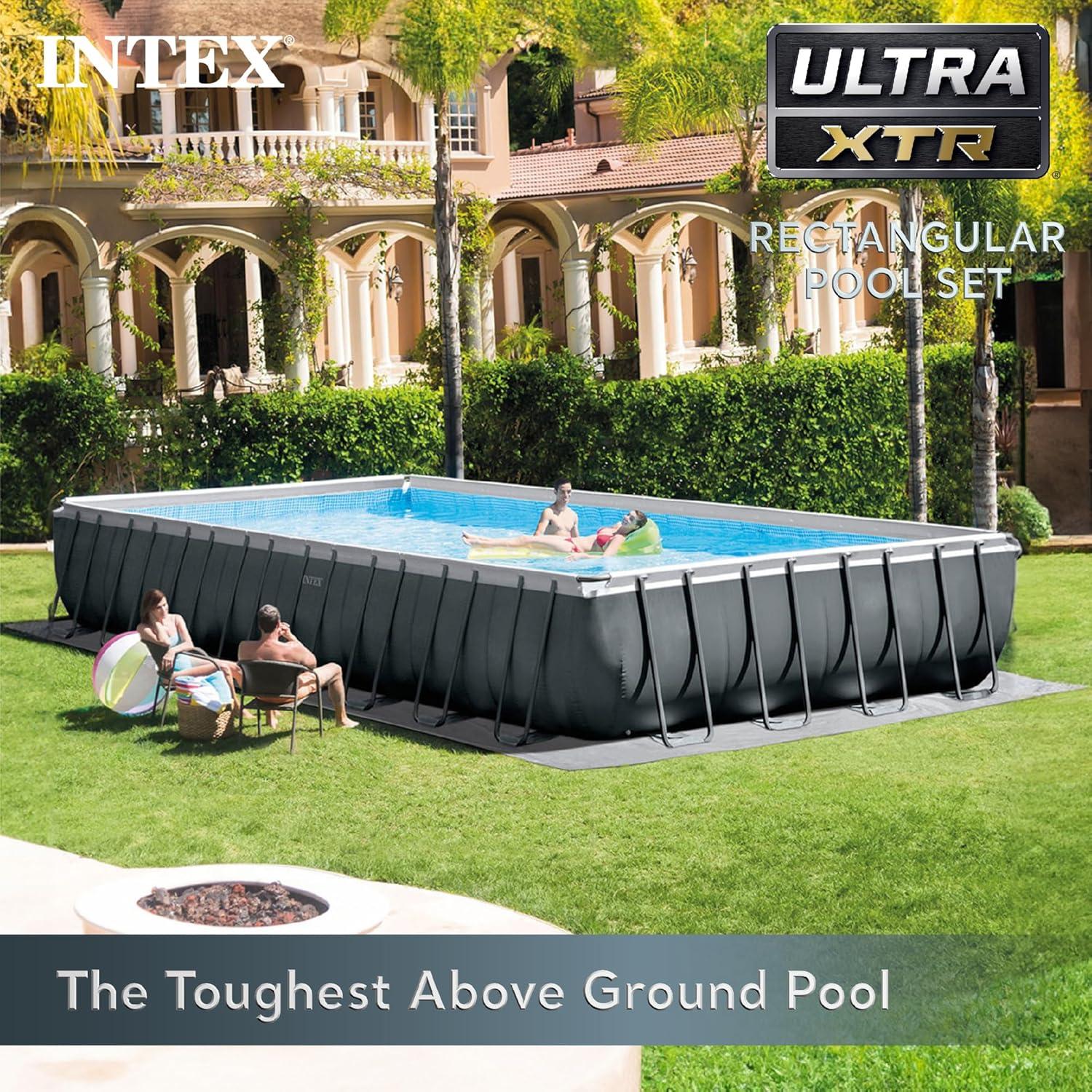 imageIntex 26373EH Ultra XTR 32ft x 16ft x 52in Above Ground Swimming Pool Set with Sand Filter Pump Inflatable Lounge Pool Recliners 2Pack and Inflatable Cooler