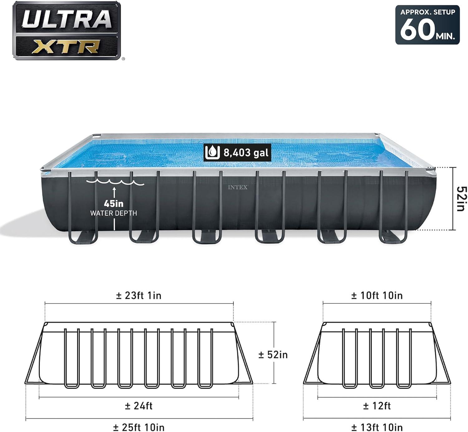 imageIntex 26373EH Ultra XTR 32ft x 16ft x 52in Above Ground Swimming Pool Set with Sand Filter Pump Inflatable Lounge Pool Recliners 2Pack and Inflatable Cooler