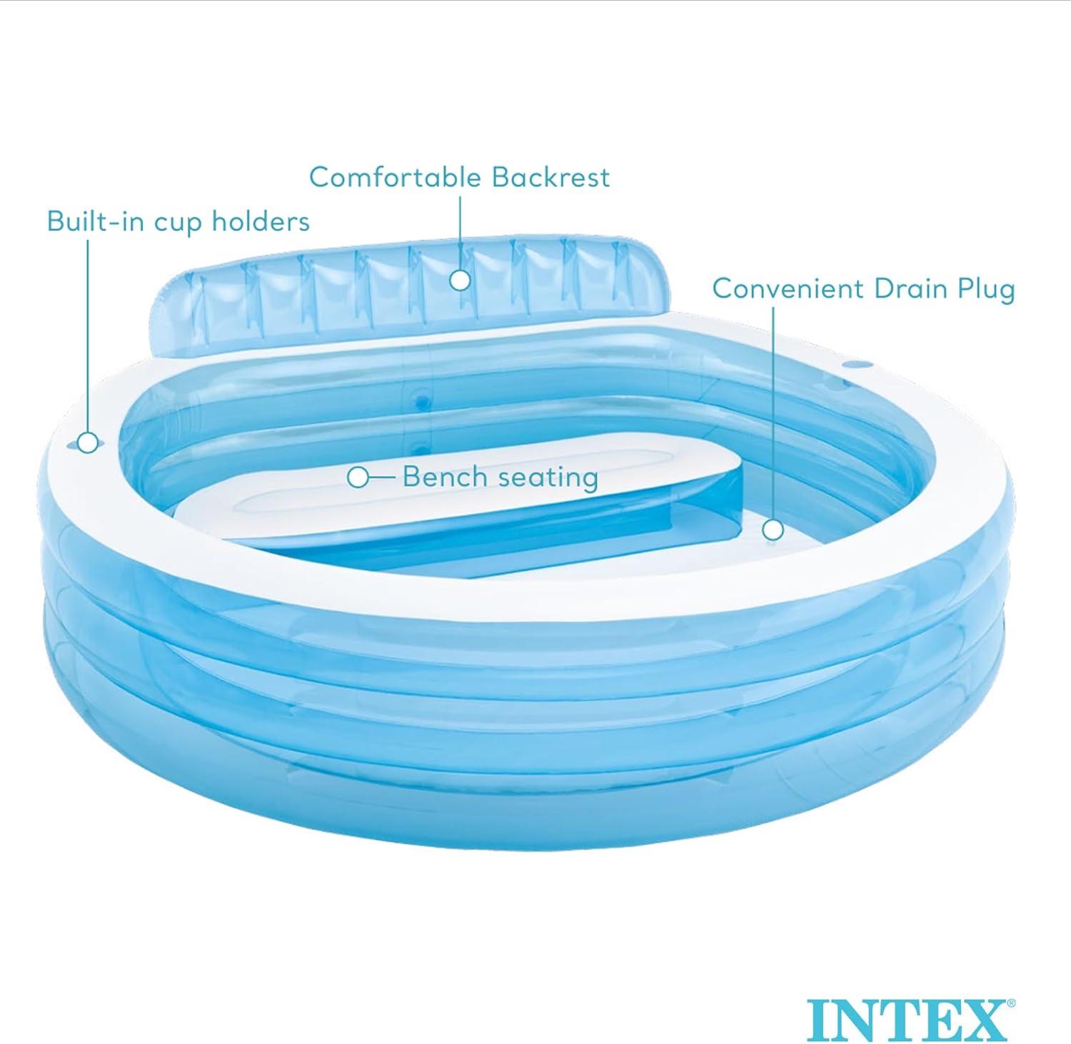 imageIntex Swim Center Inflatable Above Ground Outdoor Round Family Swimming Pool with Builtin Relaxing Bench Cupholders amp Secure Vinyl Pool Cover Blue