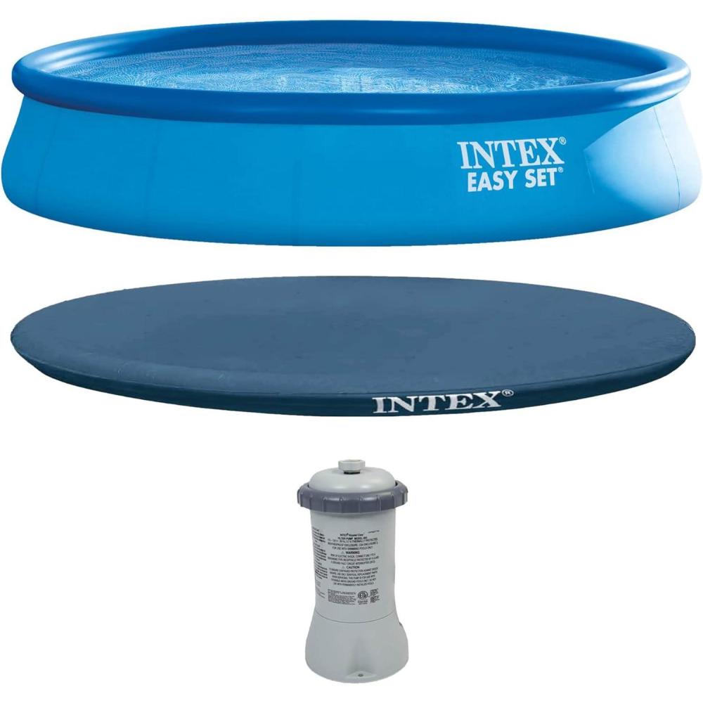 imageIntex 15 x 33 Easy Set Inflatable Ring Top Round Above Ground Swimming Pool with Cover and Krystal Clear Cartridge Filter Pump