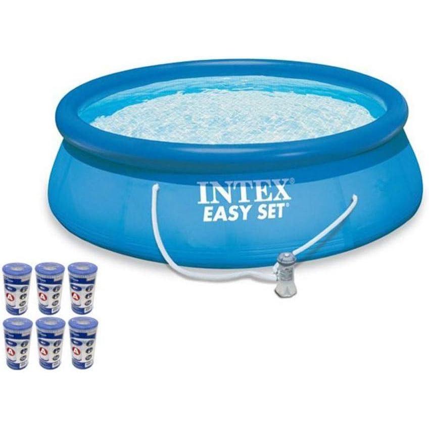 imageIntex 15ft x 48in Easy Set Outdoor Above Ground Swimming Pool Kit with Ladder Cover 1000 GPH GFCI Filter Pump and 6 Replacement Filter Cartridges