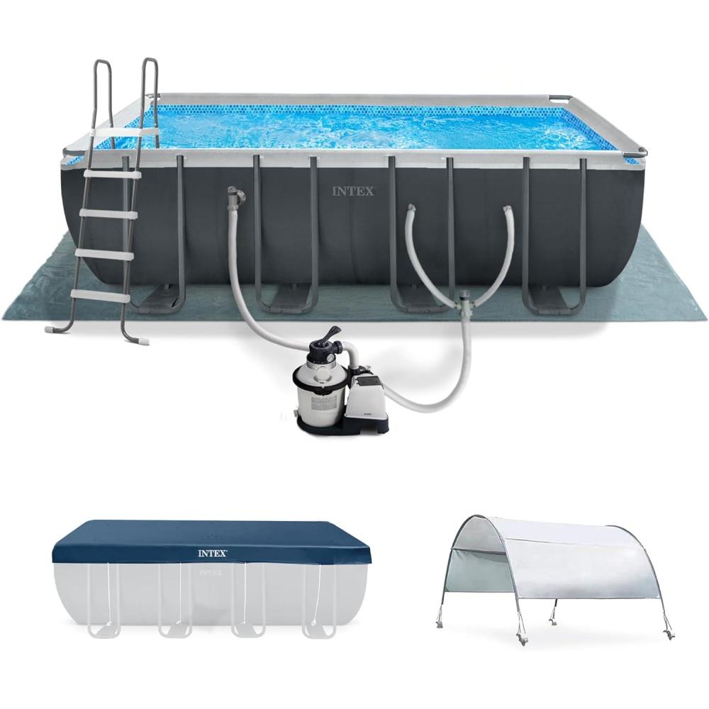 imageIntex 18 Foot by 52 Inch Ultra XTR Framed Above Ground Swimming Pool Set with Sand Filter Pump Pool Cover and Ladder Canopy and Ground Cloth Gray18 x 9 x 52
