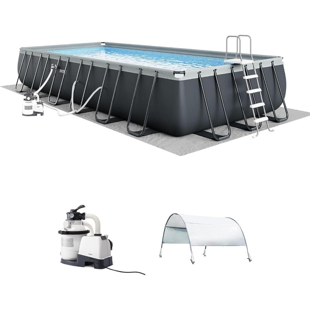 imageIntex 18 Foot by 52 Inch Ultra XTR Framed Above Ground Swimming Pool Set with Sand Filter Pump Pool Cover and Ladder Canopy and Ground Cloth Gray24 x 12 x 52