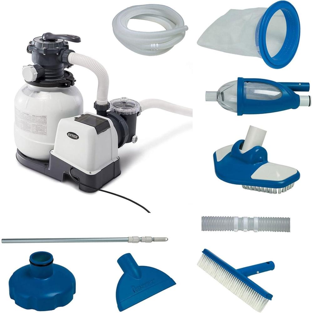 imageIntex 2100 Gallon Per Hour Above Ground Pool Sand Filter Pool Pump with Deluxe Pool Maintenance Kit and Automatic 24 Hour Timer