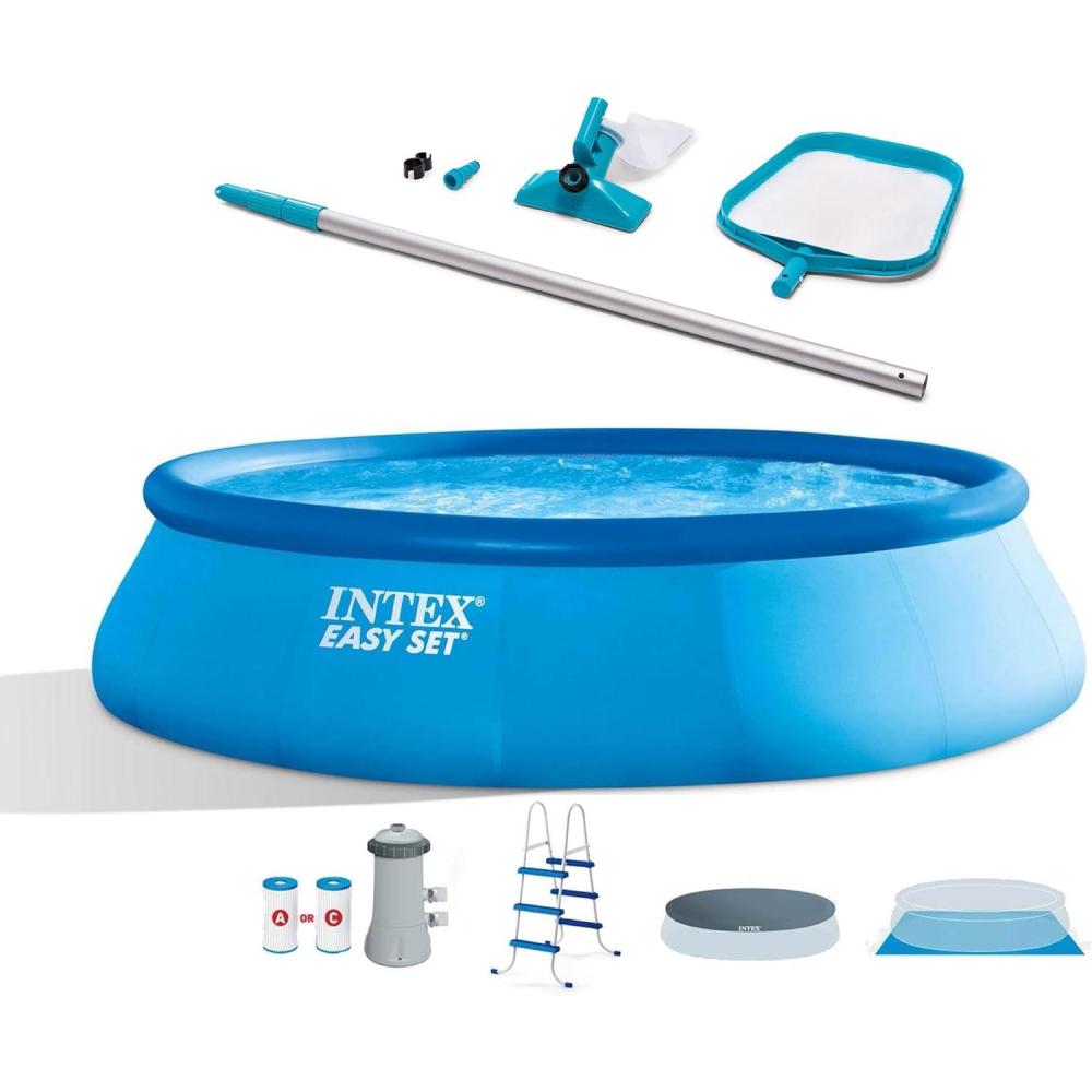imageIntex 26165EH 15Foot x 42Inch Easy Setup Portable Inflatable Outdoor Above Ground Round Swimming Pool Set with Ladder Filter Pump Cover and Cleaning Maintenance Kit with Vacuum Skimmer amp Pole