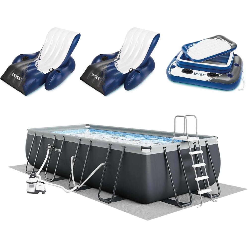 imageIntex 26355EH Ultra XTR 18ft x 9ft x 52in Above Ground Swimming Pool Set with Sand Filter Pump Inflatable Lounge Pool Recliners 2Pack and Inflatable Beverage Cooler